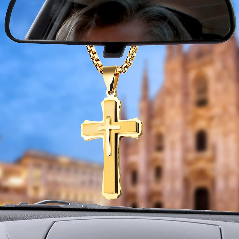 Pendant Cross for Car Rearview Mirror Hanging Accessories Cross Charm Car Mirror Decor Hanging Ornament for Auto Interior Truck Christian Cross Necklace for Men Women Jesus Holy (Silver)