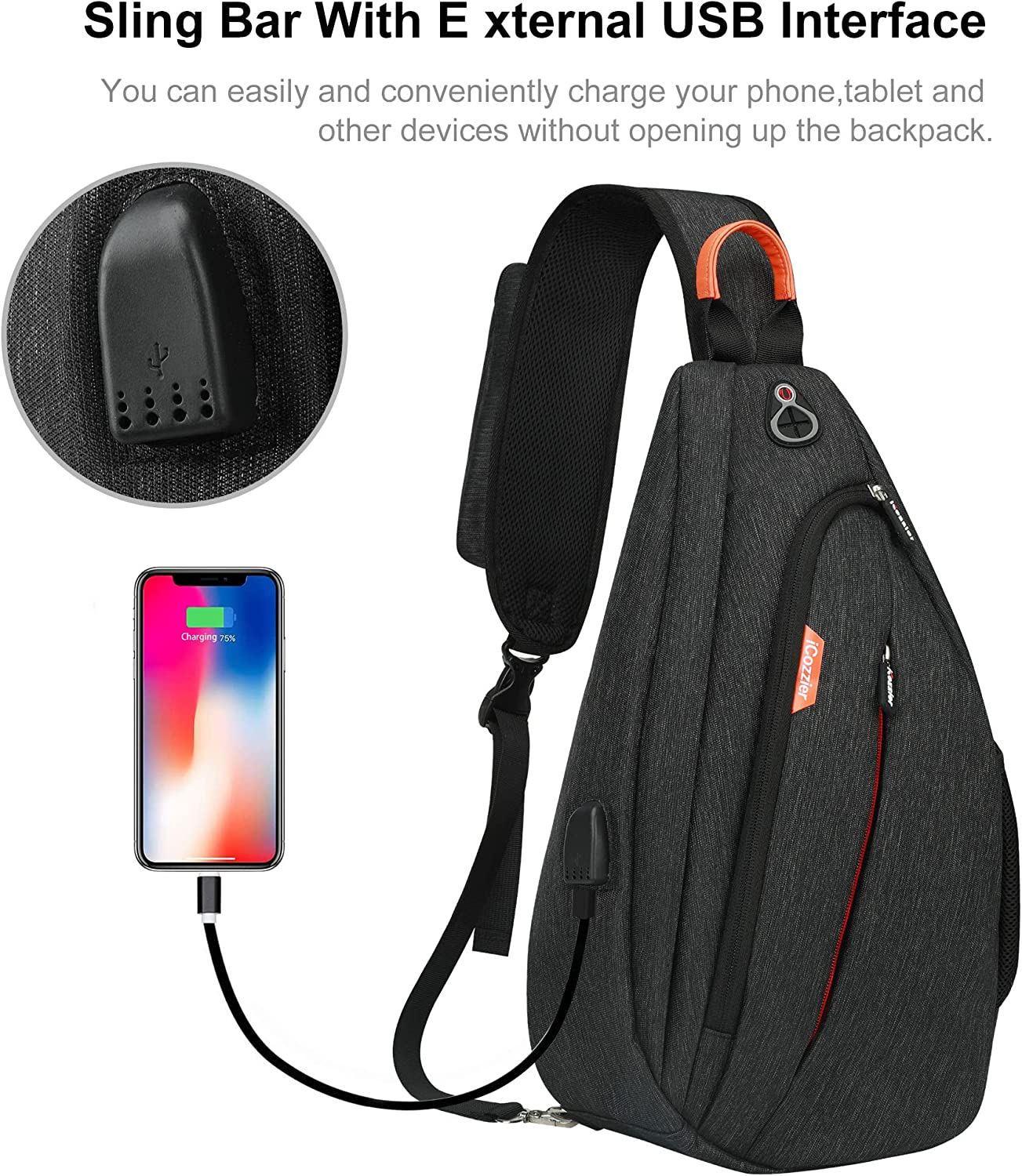 Icozzier Mens Sling Chest Bag Crossbody Backpack Shoulder Bag for Men Waterproof Outdoor Rucksack anti Theft Daypack with USB Charger Port& Bottle Holder for Biking Travel Cycling image number 6