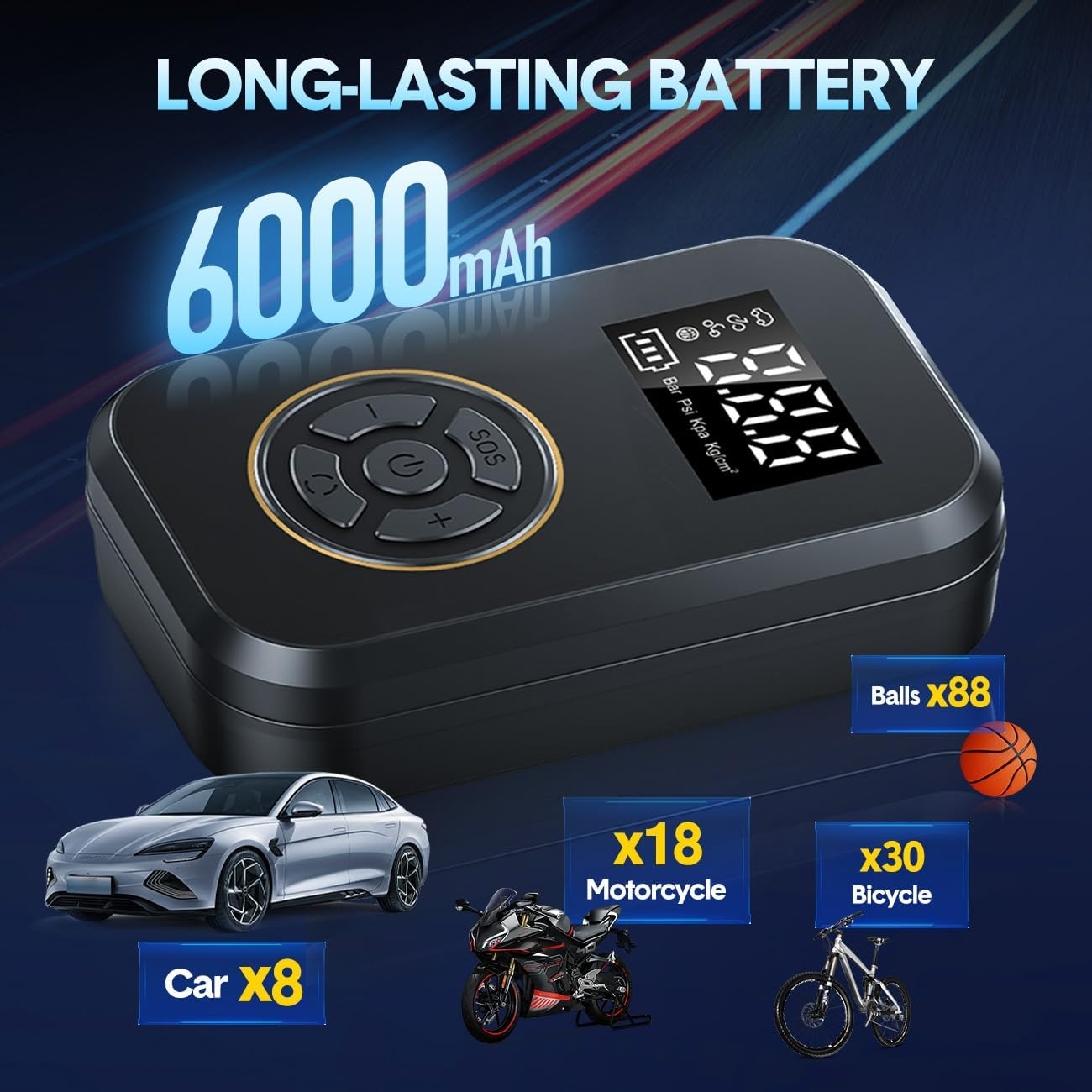 Mershine Inflator Cordless Air Mompressor, Portable Electric Tyre Pump 150 Psi with Digital Display,Air Inflator for Cars, Bike, Basketball image number 3