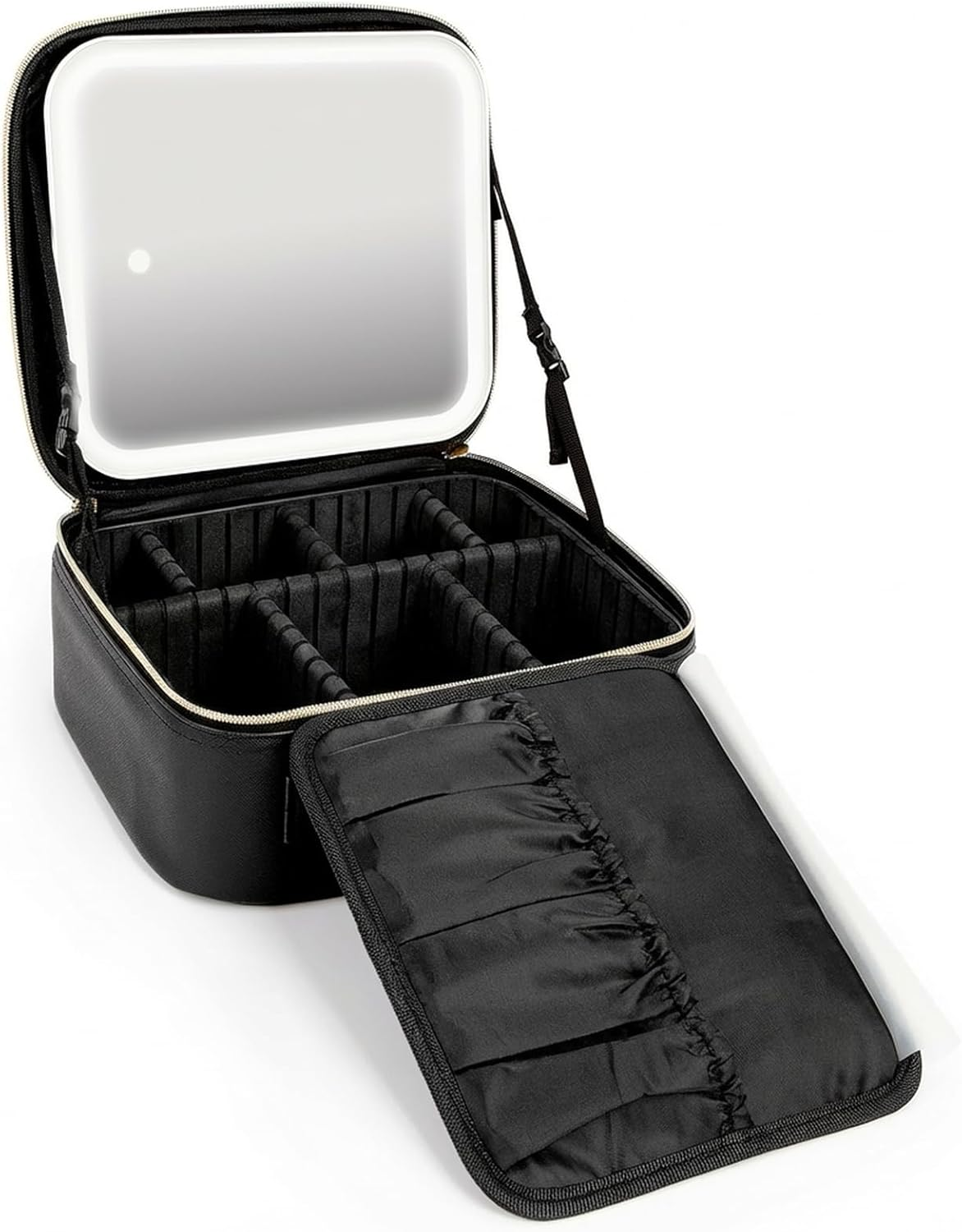 Travel Makeup Bag with LED Mirror, Leather Cosmetic Train Cases with Adjustable Dividers, Makeup Organizer with Makeup Brush Storage Board for Women, Artist and More, Black, Cosmetic image number 1