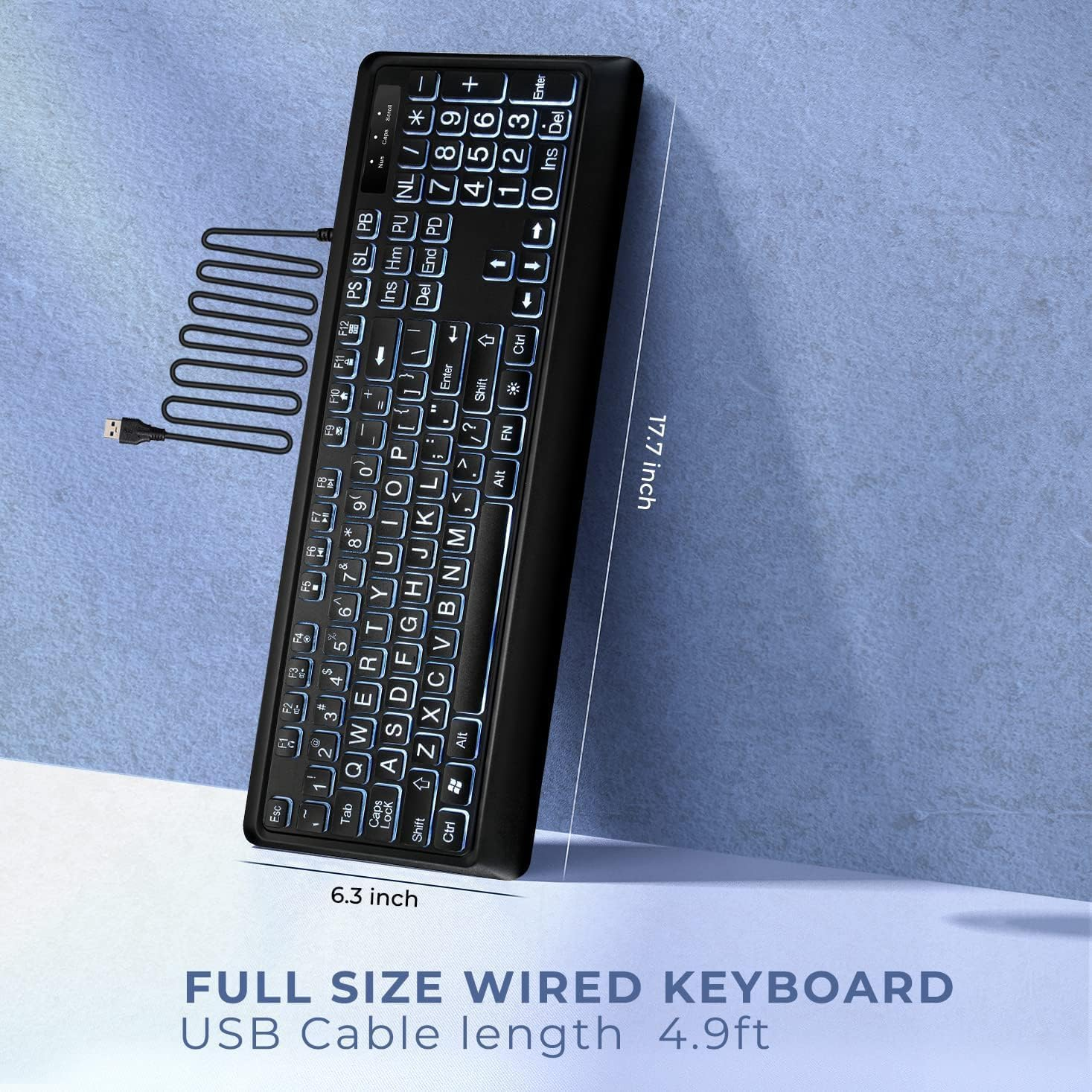 Large Print Backlit Keyboard, Quiet USB Wired Computer Keyboard, Full Size Keyboard with White Illuminated LED Compatible for Windows Desktop, Laptop, PC, Gaming, Black (Large) image number 4