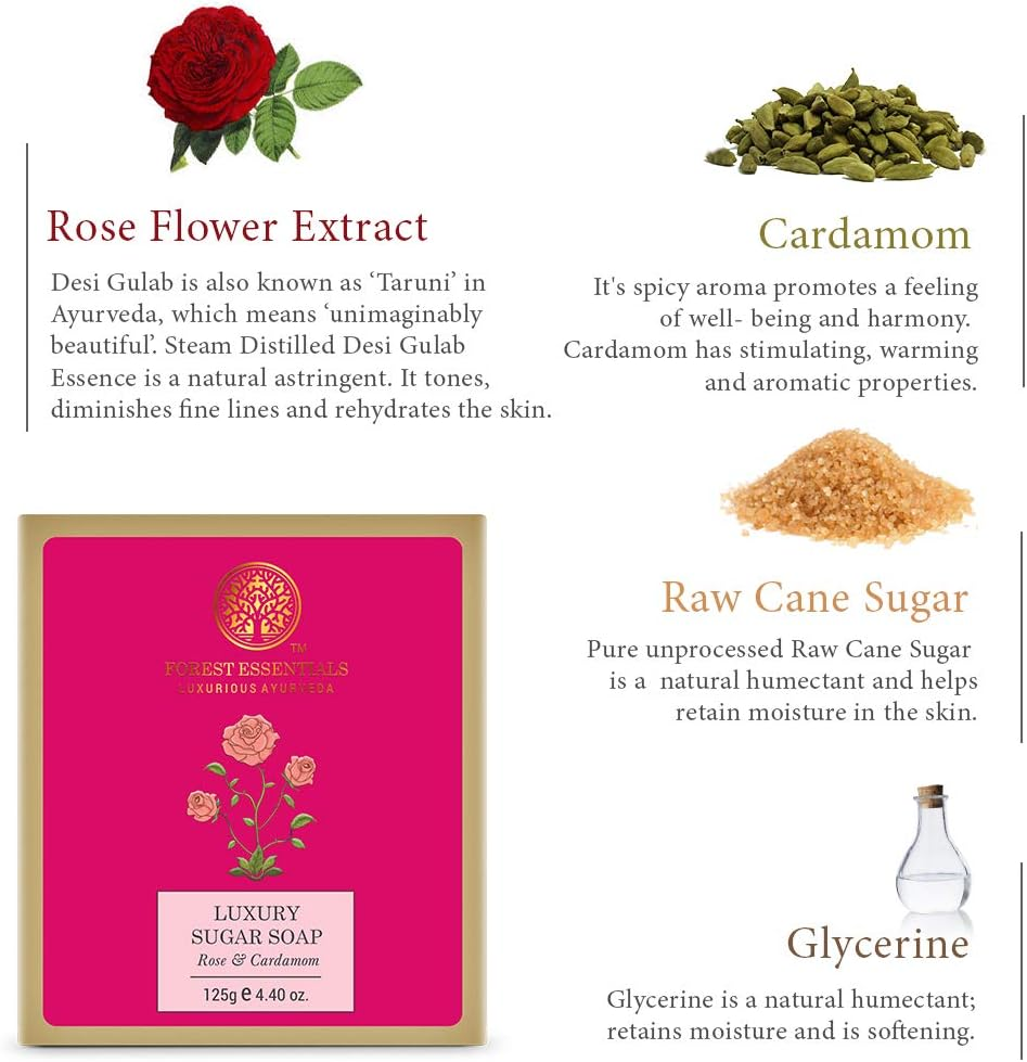 Forest Essentials Rose and Cardamom Luxury Sugar Soap, 125G