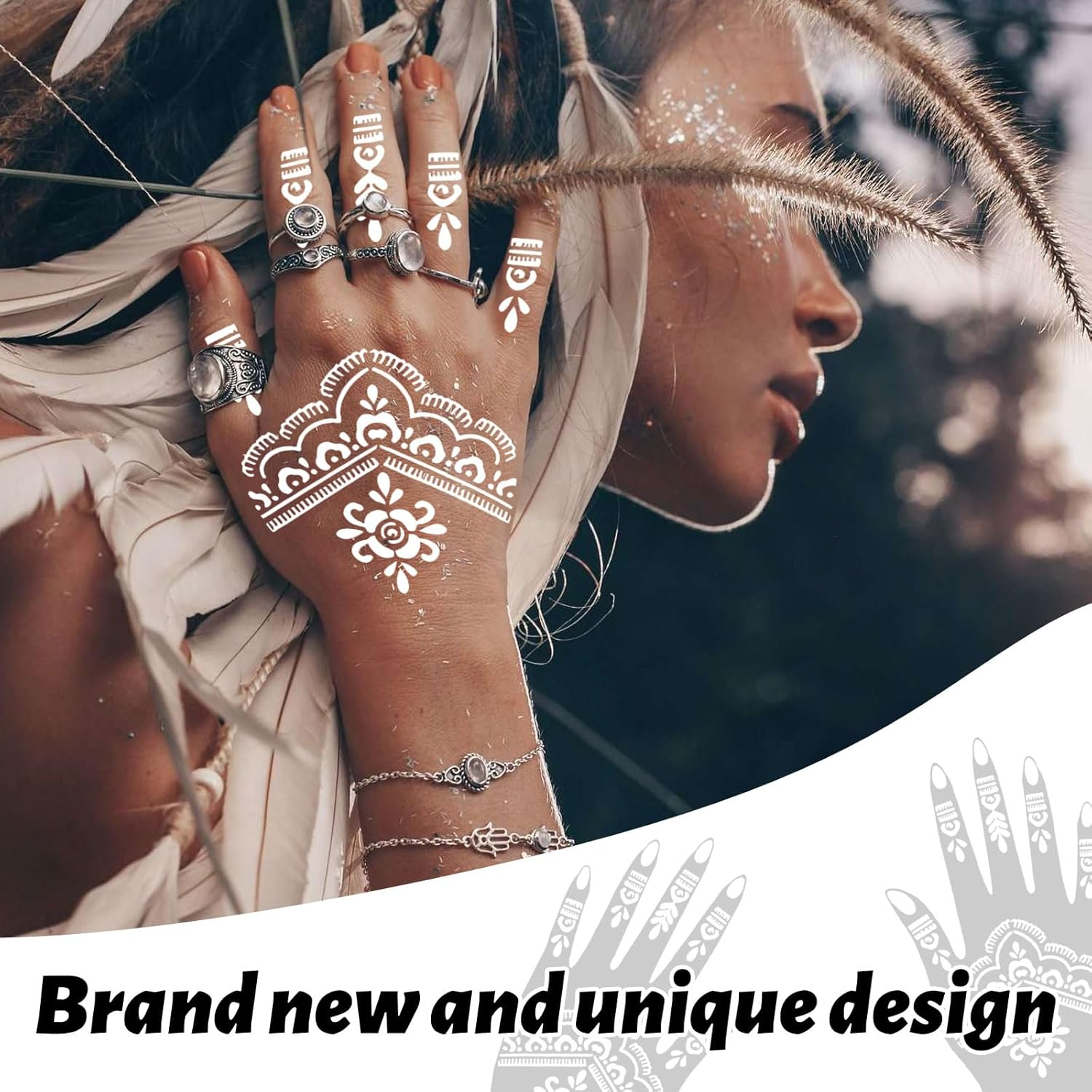 Weploda 24 Henna Tattoos Temporary Tattoo Stencils Indian Arabic Hands Tattoo Temple Stickers for Women image number 2