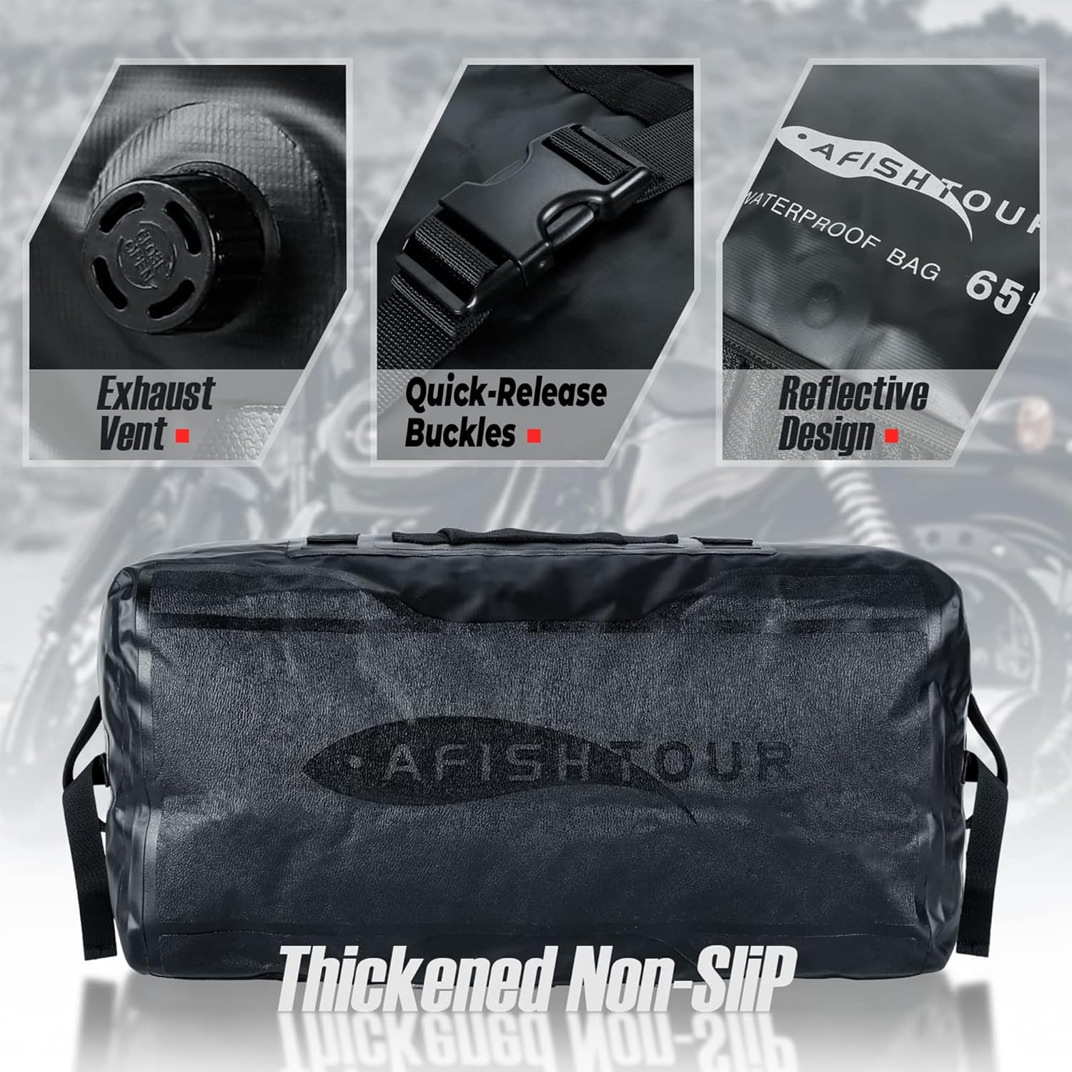 AFISHTOUR 65L Waterproof Duffel Bag for Men and Women - Large Motorcycle Duffle Bag with Straps for Back Seat - Roll Top Dry Bag for Kayaking, Rafting, Boating, Swimming, Beach (Black) image number 1