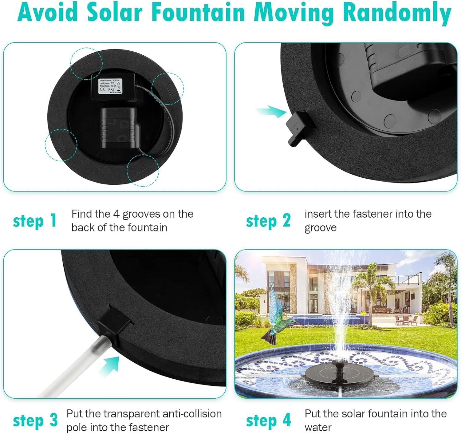 Solar Bird Bath Fountain Pump, Upgrade 1.5W 16CM Dia Solar Fountain with 6 Nozzle, Free Standing Floating, Solar Powered Water Bubbler, Fountain Pump for Bird Bath, Garden, Pond, Pool, Outdoor image number 6