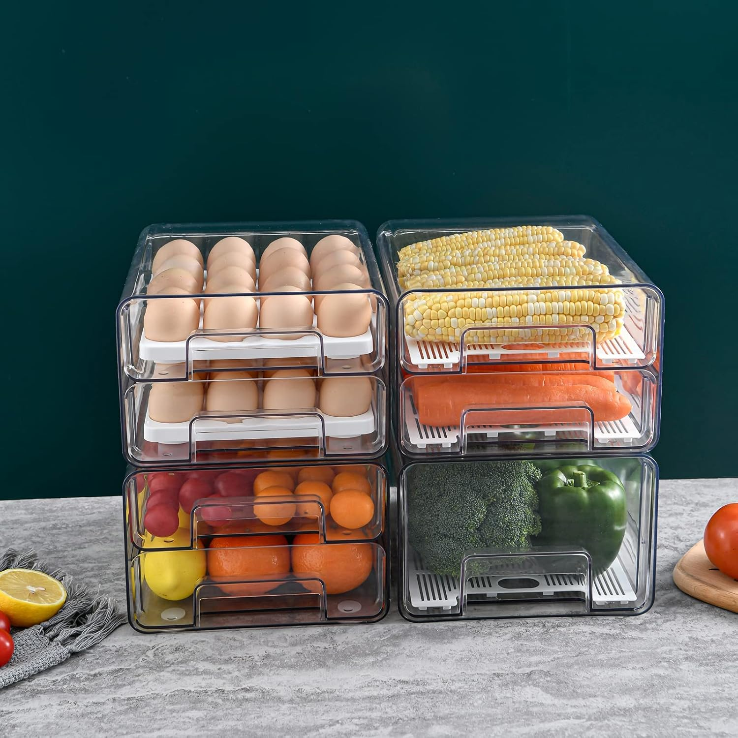 Food Storage Containers Pantry Organizer with Lids, Removable Drain Tray Fruit Vegetables Storage Rack Clear Fridge Storage Stackable Meal Fresh Keeper Bins image number 5