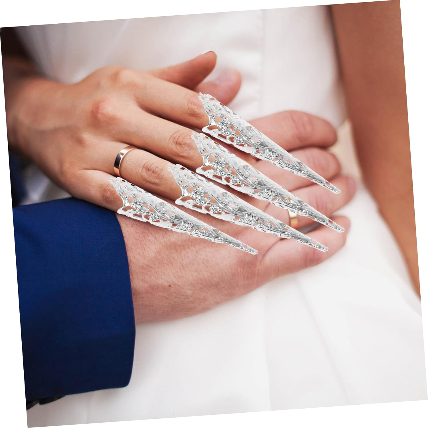 WOONEKY Queen Fingernail Nail Rings Set 8Pcs Gold Long 12Cm Classic Style Finger Tip Accessories for Cosplay and Fashion image number 2