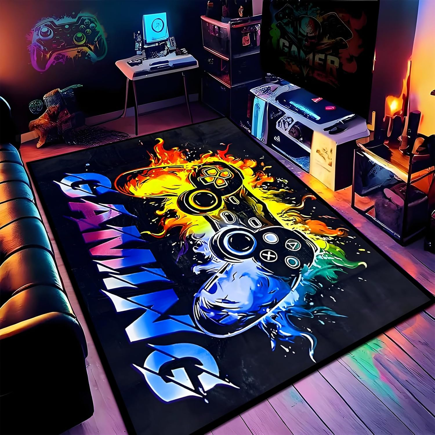 Gaming Rug Plush Playmat for Boy Room, Non-Slip 3D Gamer Flannel Play Mat Carpet, 160X120Cm Activity Area Rugs for Playroom,Livinroom, Bedroom Floor Mat Decor