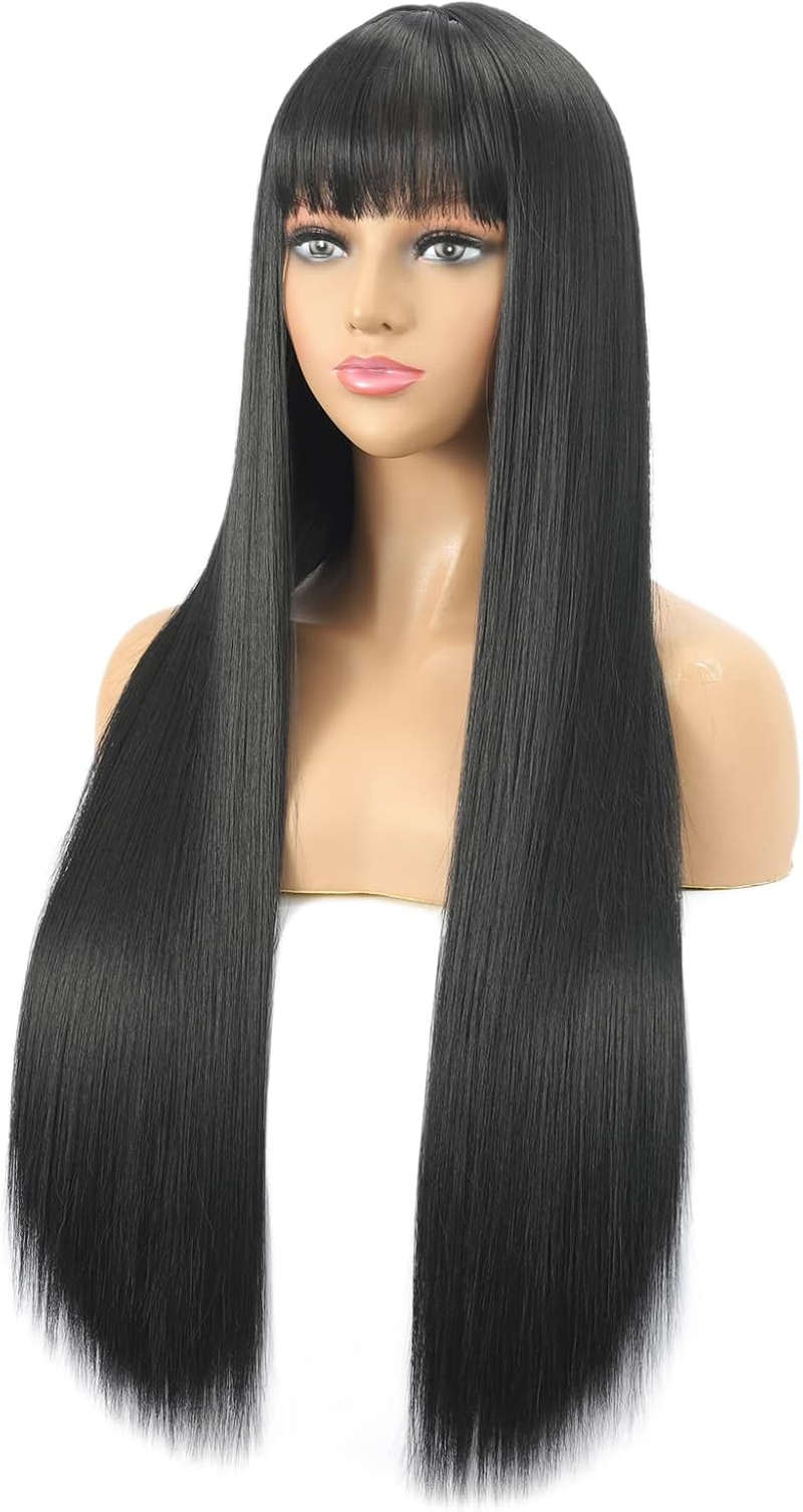 Sangrui Black Long Straight Wig with Fringe for Women, 75 Cm Synthetic Fibre Straight Wigs, Long Black Fringe Bangs Wig image number 1