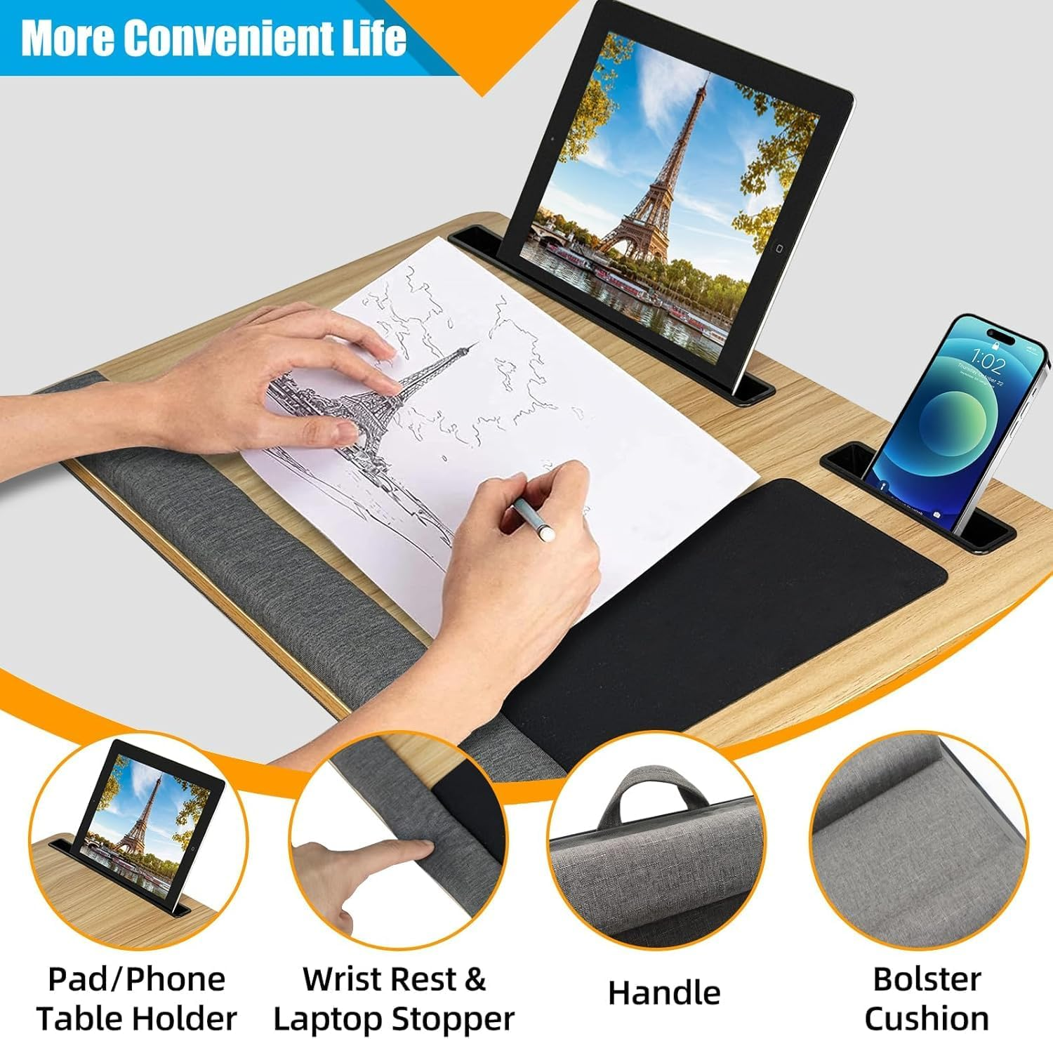 Oversized Lap Desk with Cushion & Wrist Pad &ndash; Portable Laptop Tray with Mouse Pad, Tablet and Phone Holder, Fits up to 17 Inch Laptops for Bed or Sofa (Brown) image number 1