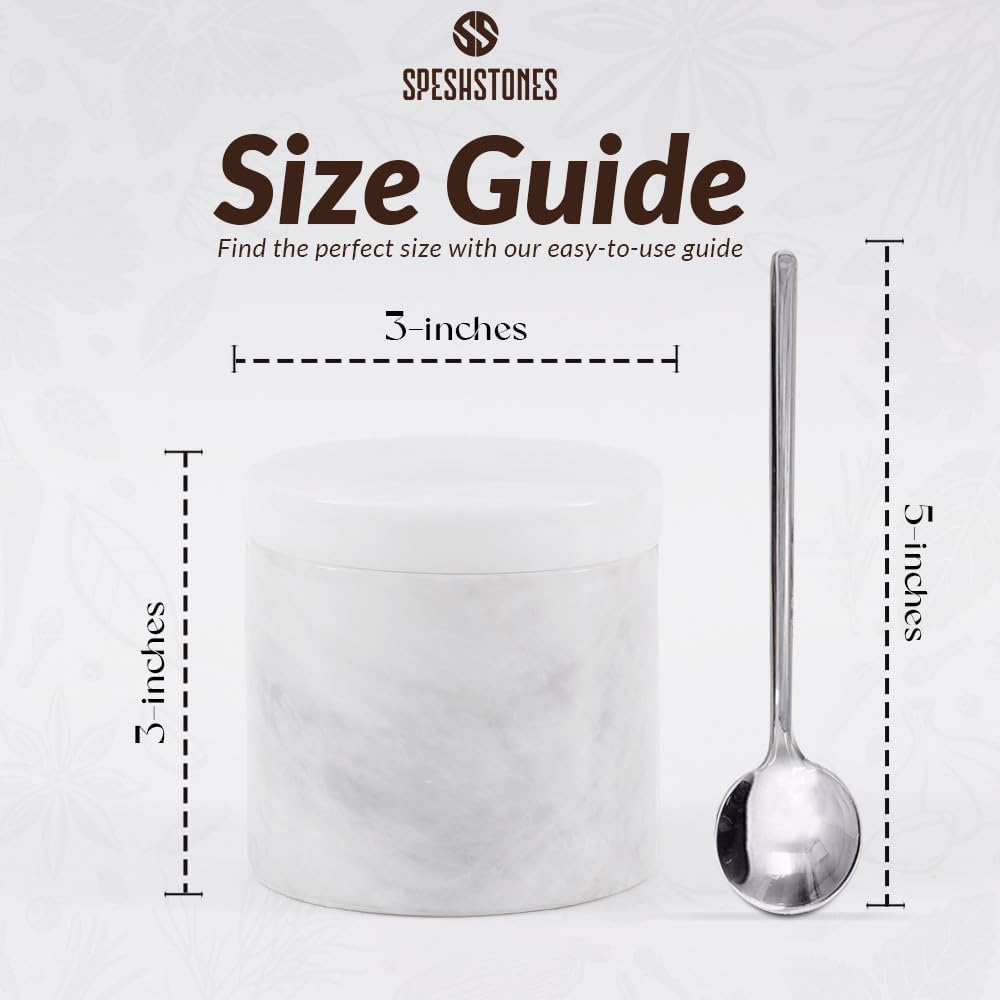 SPESHSTONES Marble Salt Cellar with Lid and Spoon 3'' Inches White Salt Container Handmade Spice Seasoning Containers for Kitchen Storage Accessories - Salt Box & Ideal Sugar Bowl, Flaky Salt Cellar - Oceanic image number 7