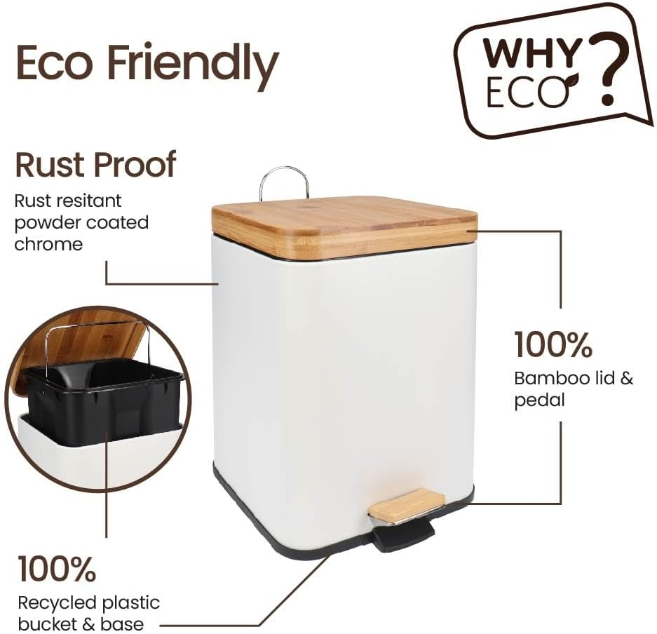 Eco Basics Square Rubbish Bin 6L, White &ndash; Eco-Friendly Waste Bin with Recycled Plastic, Bamboo Lid & Pedal, Soft Close, Compact Design for Toilets, Kitchens, Living Rooms & Small Spaces, 30X26X20Cm image number 3