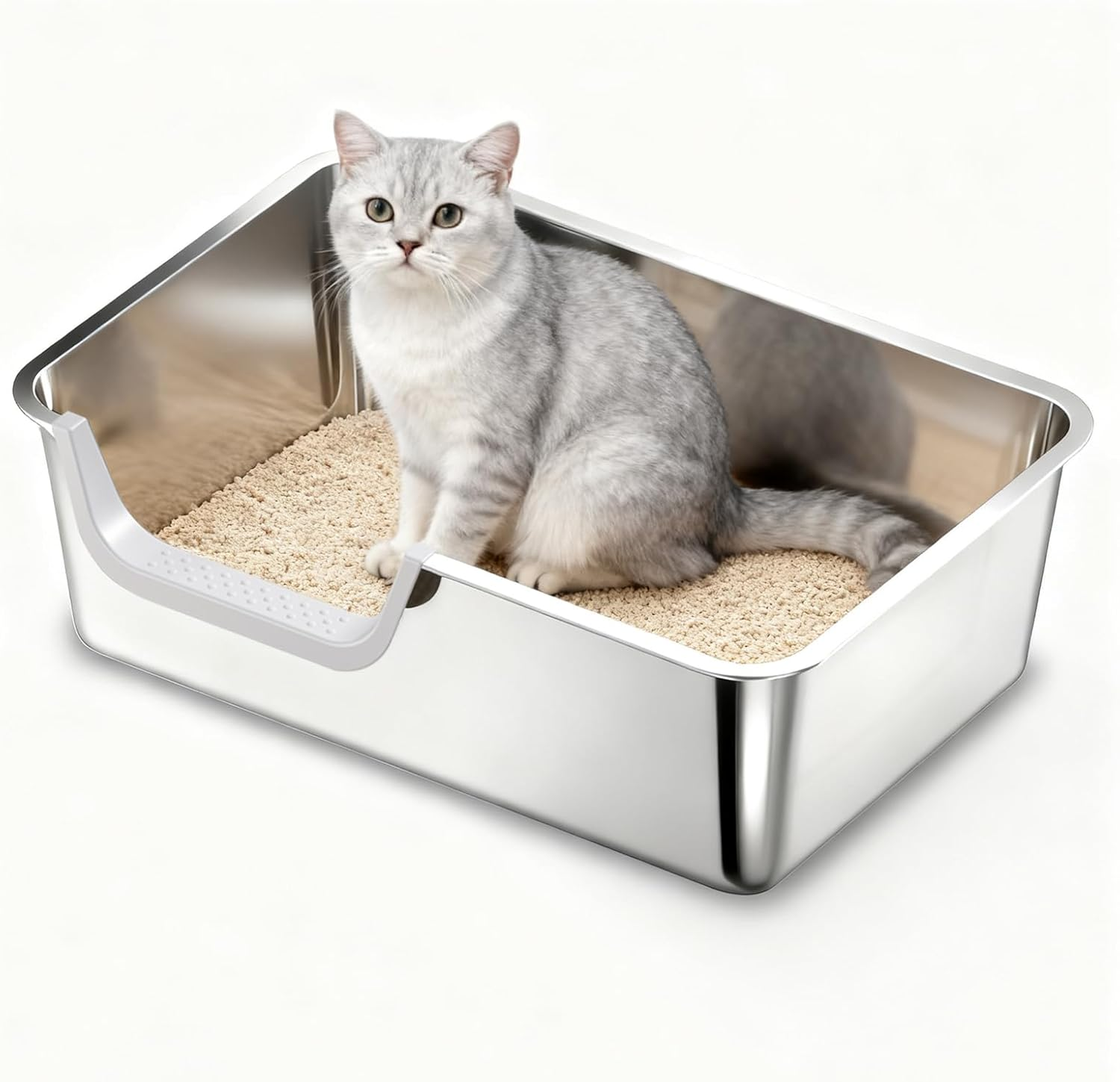 Stainless Steel Litter Box with High Sides,Metal Litter Box with Low Entry for Kittens & Senior Cats,Large Cat Litter Boxes,19.6" L X 13.7" W X 5.9" H,Non-Sticky,Easy to Clean (Middle Entry)