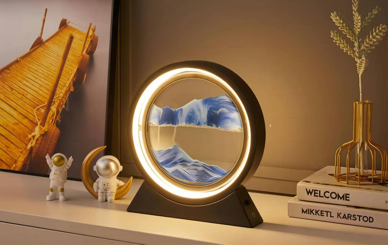 Yinhamnl Moving Sand Art Picture with Light, 3D Hourglass Deep Sea Sandscape Table Lamp, 360&deg; Rotatable Quicksand Decor Picture round Glass Creative Sand Painting Lamp,Life Home Desktop Decor(Blue) - Gold image number 7