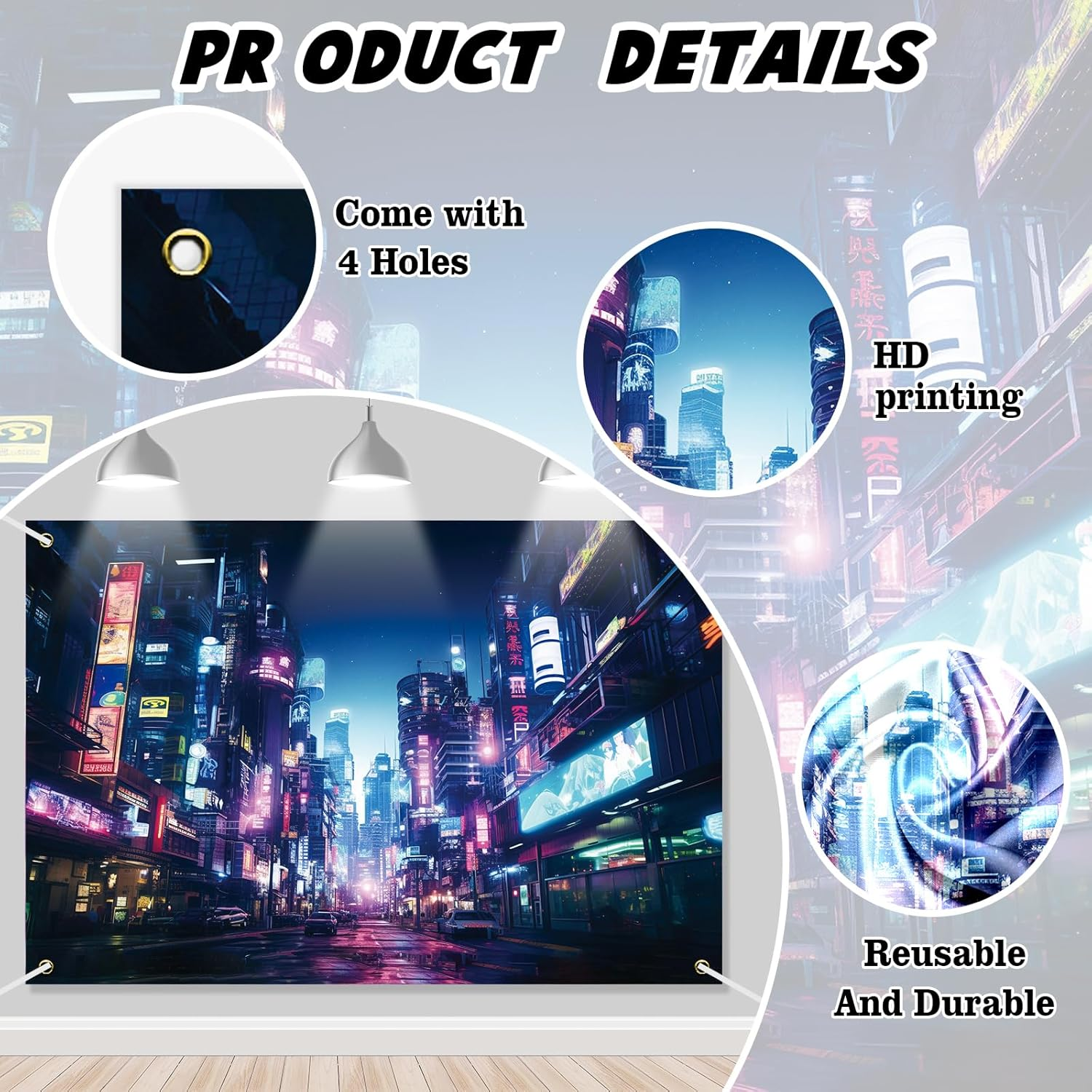 Punk Cityscape Photography Background Neon Building City Night Scene Retro Game Scene Backdrop Banner for Gamer Adults Boys Party Decorations Photo Booth Studio Props Supplies 70.8X47.2In-Beckten image number 1