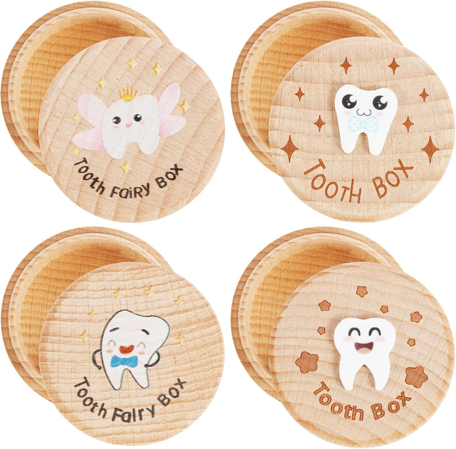 4 Pcs Tooth Fairy Box, Wood Baby Tooth Box, Cute Tooth Keepsake Box, Tooth Storage Box, Kids Tooth Saver Container Box for Dropped Teeth Storage, Exquisite Teeth Box for Little Boys Girls Toddlers