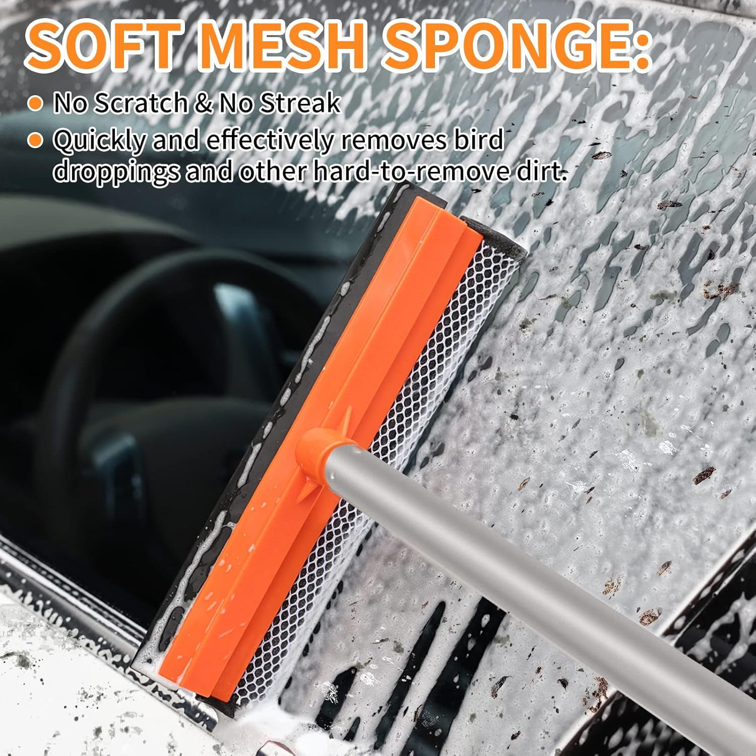 Wontolf 62'' Car Wash Brush with Long Handle Chenille Microfiber Car Wash Mop Car Washing Brush Cleaning Kit Windshield Window Squeegee Car Duster Microfiber Towels for Cars RV Truck Boat 9PCS - Orange image number 4