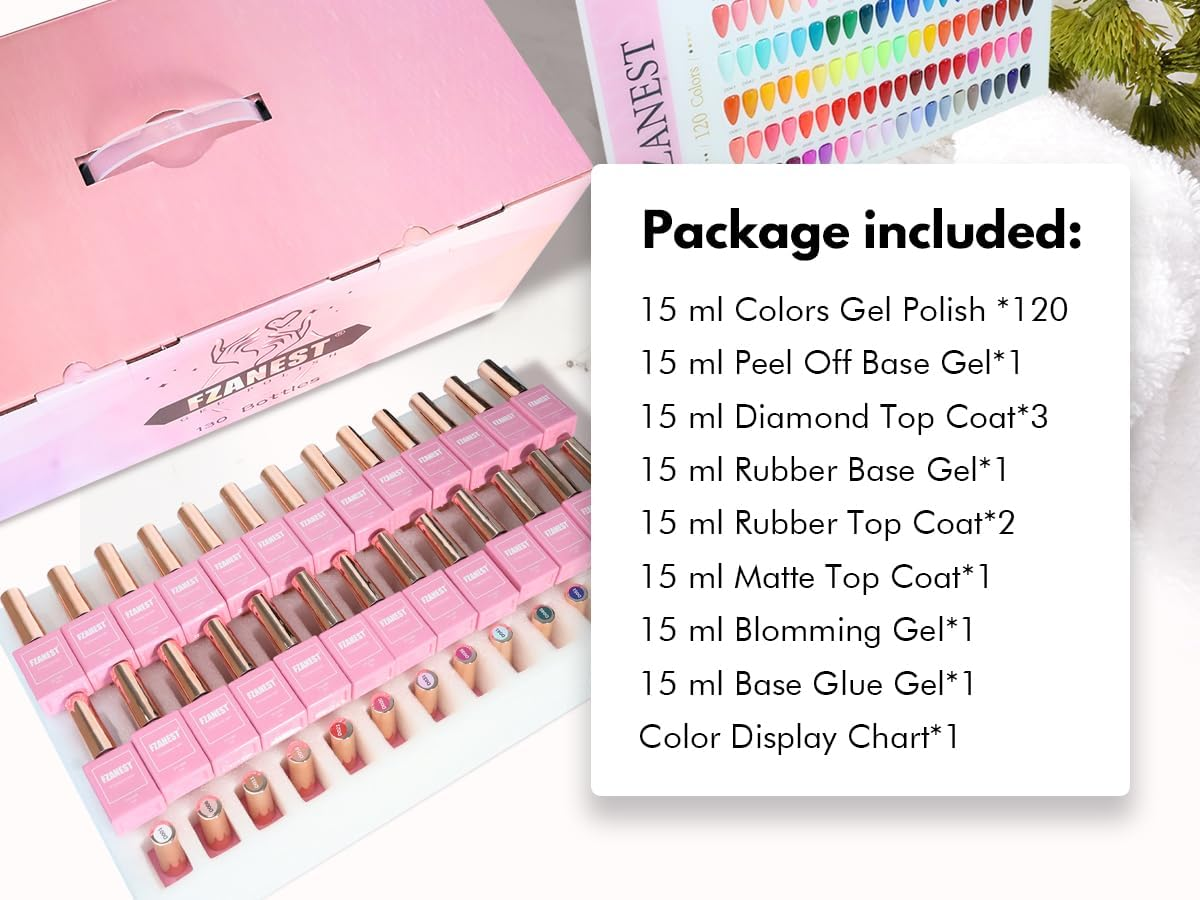 FZANEST 130Pcs 15Ml Gel Nail Polish Set with Rubber Base Top Matte Coat 120 Colors Pink Nude Red Blue White All Seasons Gel Polish Kit Nail Art Starter for Nail Salon Home Gifts for Women and Girls image number 4