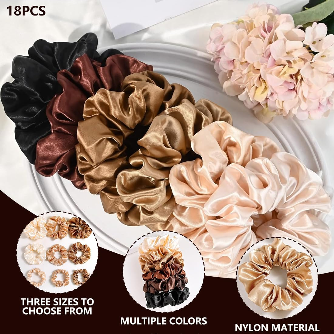 ZORVYN Set of 18 Silk Satin Fabric Hair Scrunchies - 6 Colors &times; 3 Sizes - Colorful Soft Elastic Ponytail Holder Scrunchies for Women Girls image number 1