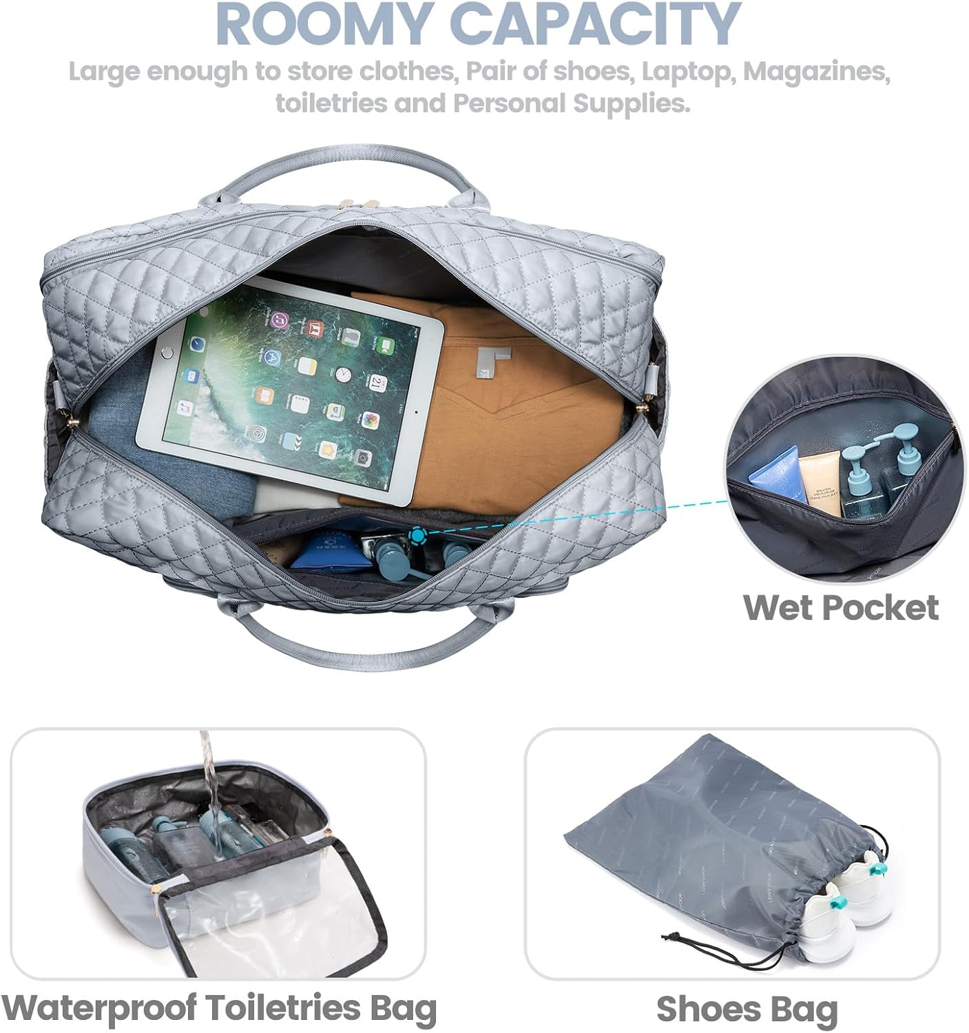 LOVEVOOK Travel Duffle Bag, Weekender Bag for Women with Toiletry Bag Carry on Overnight Bag with Laptop Compartment, Yoga Gym Bag with Wet Pocket Shoe Bag, Hospital Bag for Labor and Delivery, Grey, image number 6