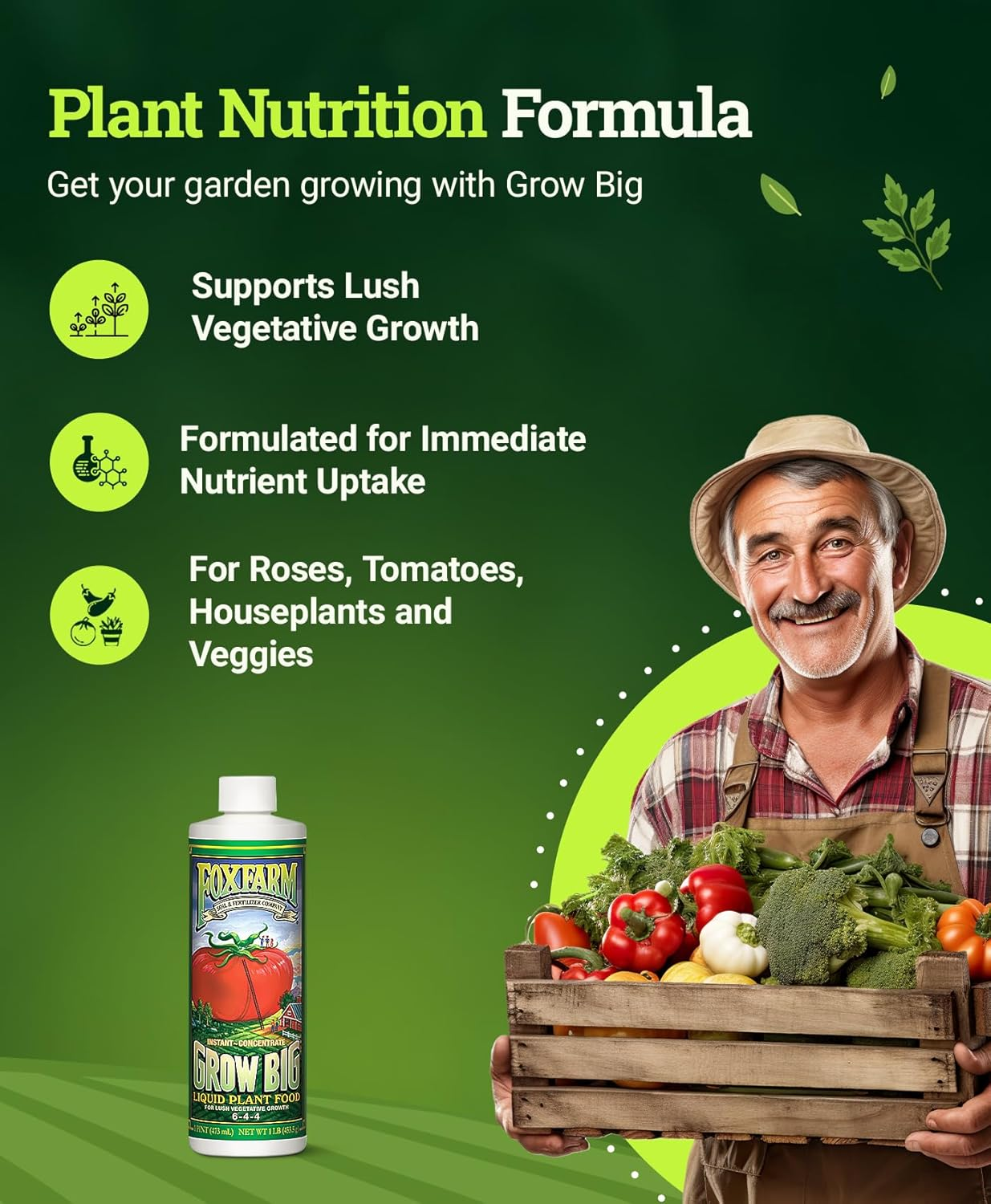 Fox Farm 6-4-4, 1-Pint FX14092 Grow Big Liquid Concentrate Fertilizer, Soil NPK 6-4, White image number 2