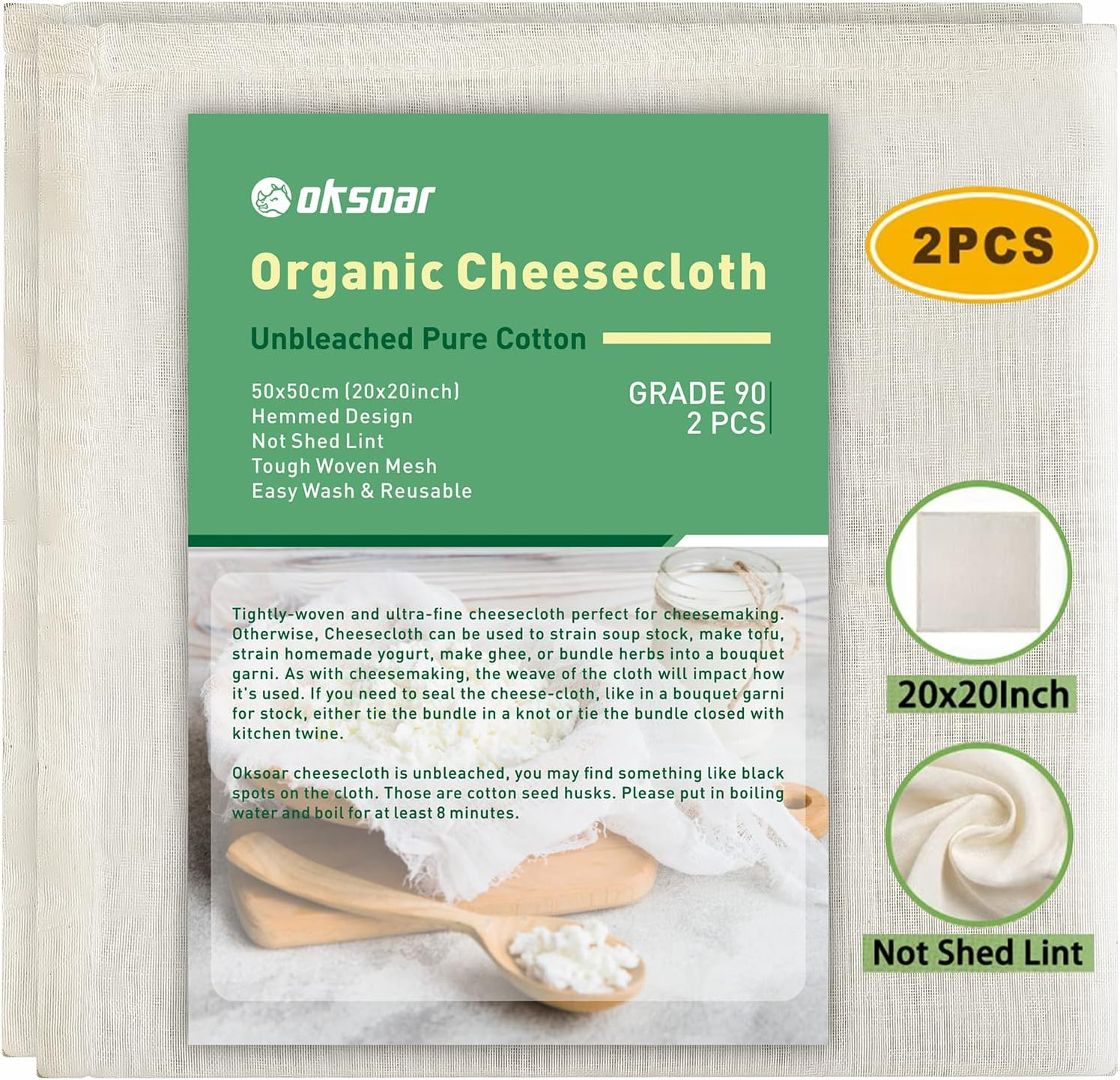 Cheesecloth Grade 90 20X20Inch Hemmed 100% Unbleached Cotton Reusable Ultra Fine Cheese Cloths for Straining Cooking Brewing Coffee Tea Cheesemaking and Baking as Strainer Filter - 50X50Cm2Pcs