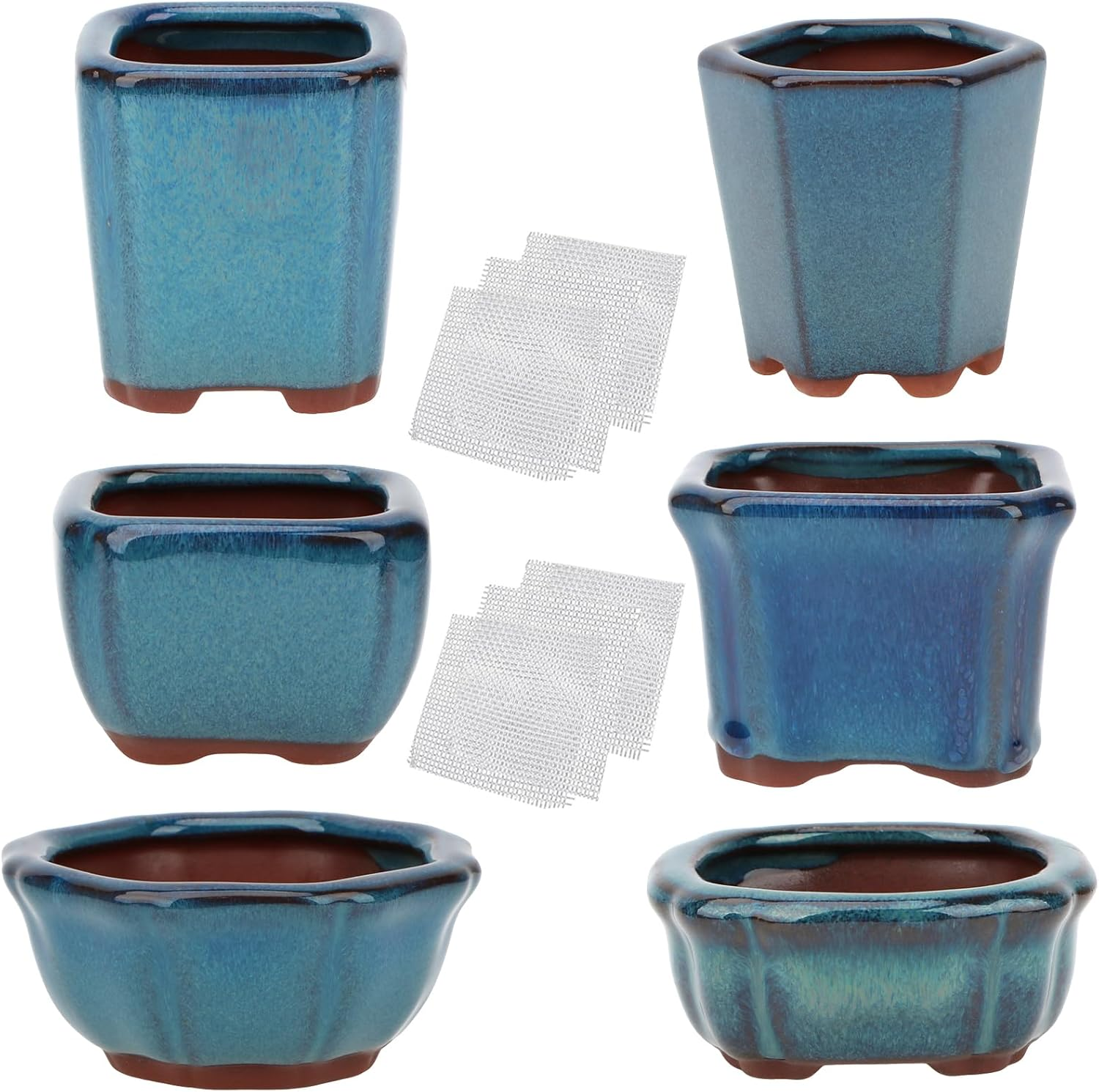Happy Bonsai 6 Pc Mini Glazed Pots Value Set + 6 Soft Mesh Drainage Screens image number 5