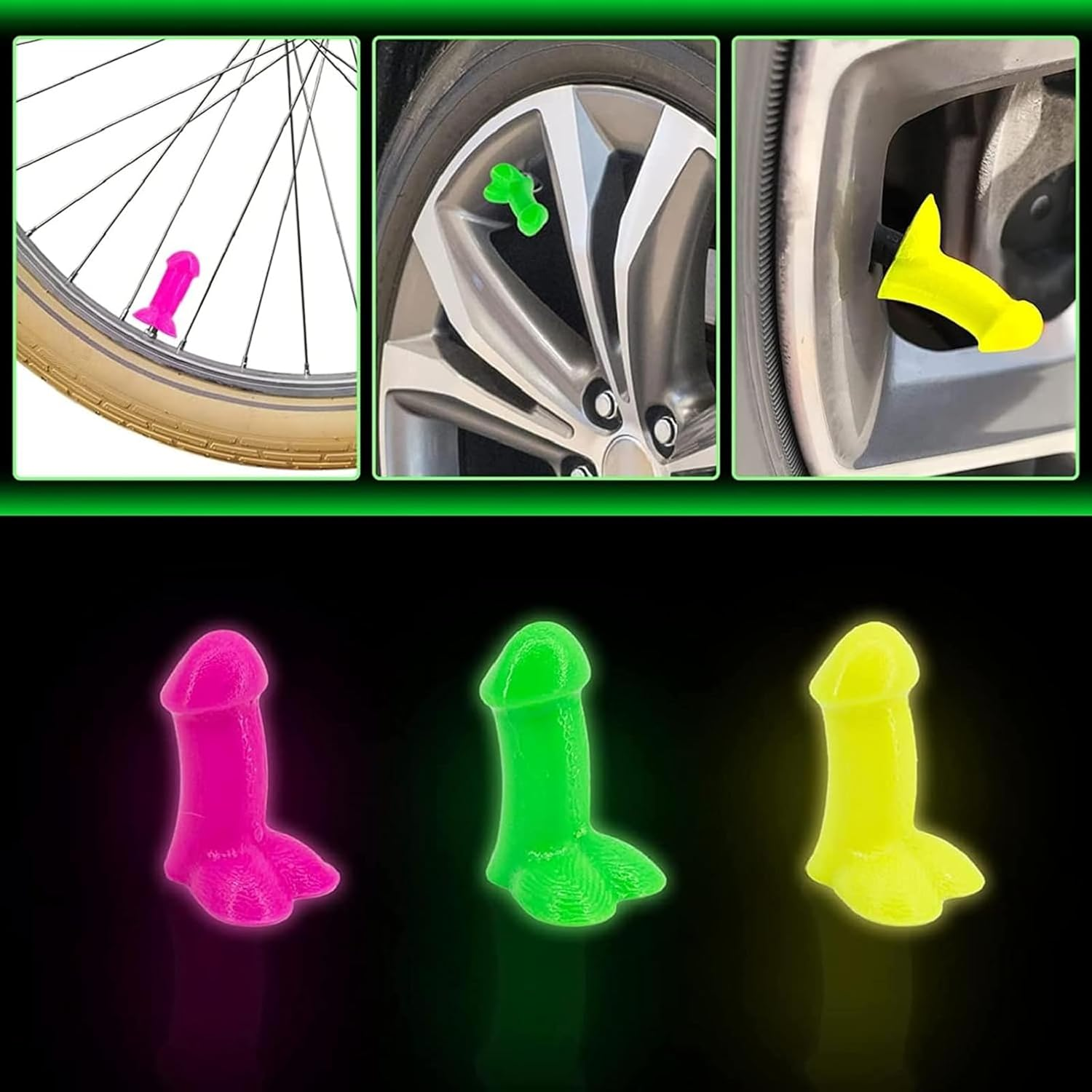XIANZHAO Prank Luminous Universal Valve Stem Caps,Funny Airtight Luminous Perfect Prank Tire Caps Great for Pranks Gift Bachelorette Parties Dust Prevention Fit Cars, Truck,Bike，Motorcycles (4Pc) image number 6