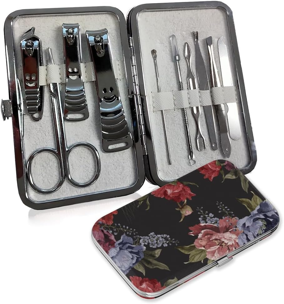 Manicure Set 10 in 1 Stainless Steel Manicure Kit Professional Pedicure Grooming Kit Portable Pedicure Kit Nail Tools & Accessories Hair Facial Care and Nail Care for Men and Women (Peonie Rose)