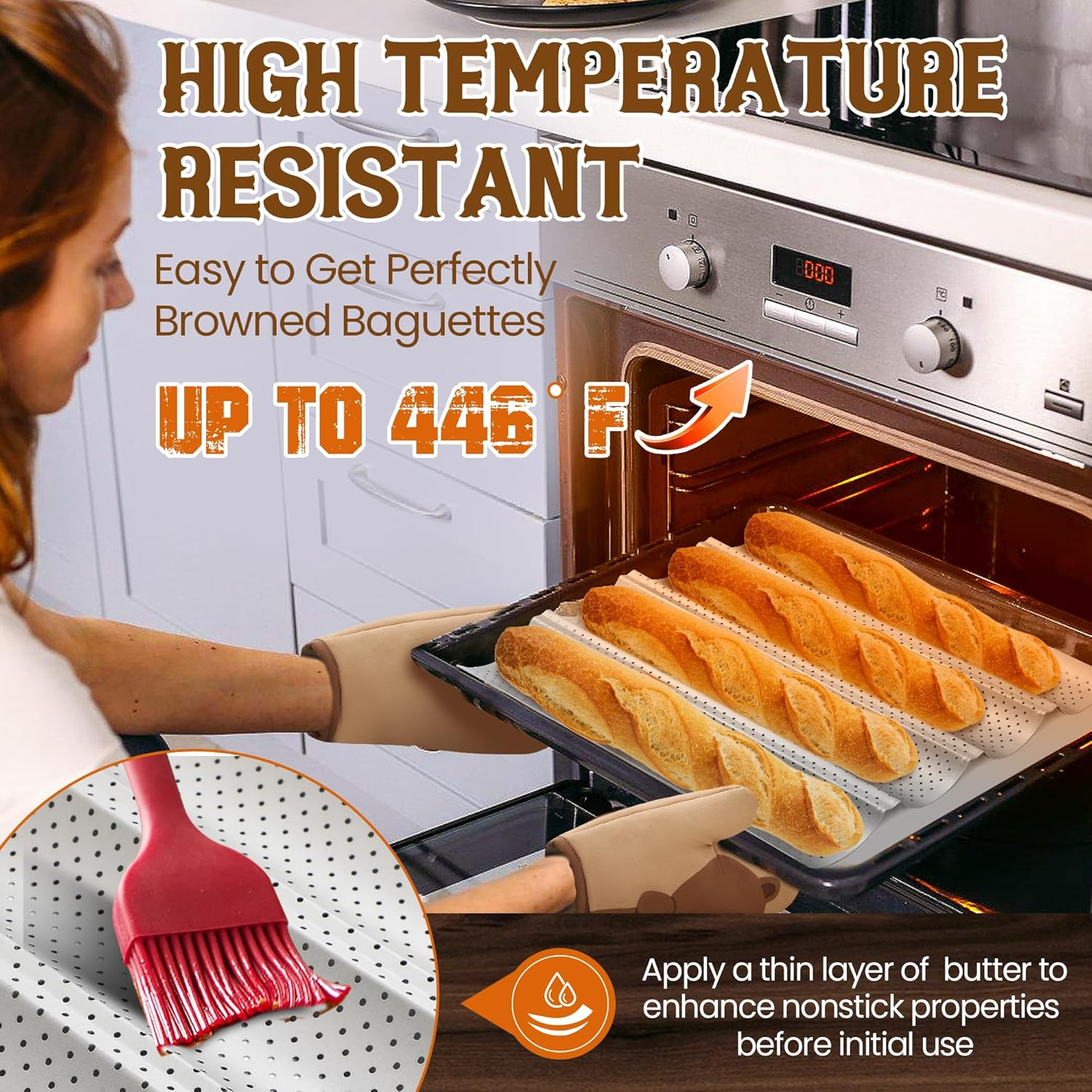 Pavsrmy Baguette Bread Pan, Premium Nonstick Perforated Baguette Pan for French Bread Baking, 4 Loaves Baguette Baking Tray for Sourdough, Italian Bread, Perfect for Creating Crisp Golden-Brown Crust image number 4