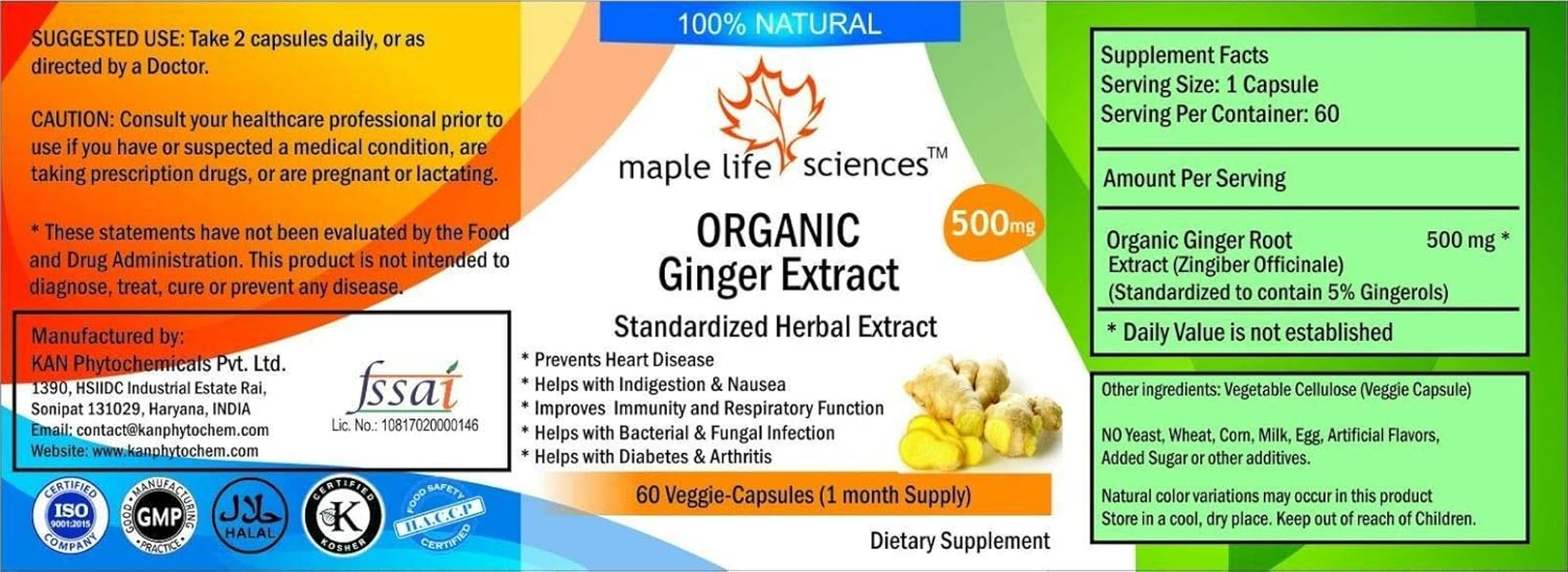 ORGANIC Ginger Extract - 60 Vegan Capsules (Zingiber Officinale) - 500Mg image number 1