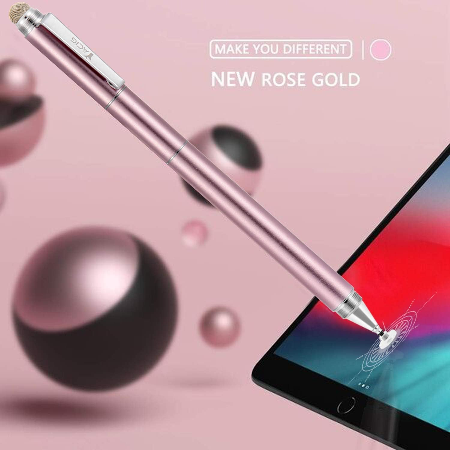 Stylists Pens for Touch Screens Ipad Iphone Android, 4-In-1 High Sensitivity and Precision Touch Screen Stylus Clear Disc Tip, Black Rubber Tip &Mesh Fiber Tip, Rose Gold - Rainbow image number 2