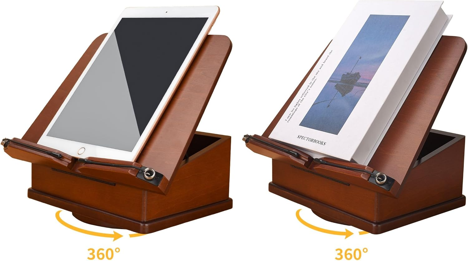 Large Wooden Book Stand with Carousel Base &ndash;Adjustable Book Holder with Storage Box and Magnetic Stand &ndash; 360&deg; Rotate Wooden Book Organizer for Cookbook, Reading Book, Magazine, Laptop (Dark Cherry) - Dark Cherry image number 5