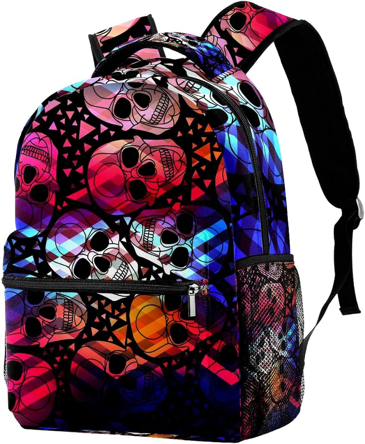 Colorful Aurora Gothic Skull with Polygonal Ornament Pattern with Zigzag Lines Backpack Students Shoulder Bags Travel Bag College School Tote Backpacks image number 3