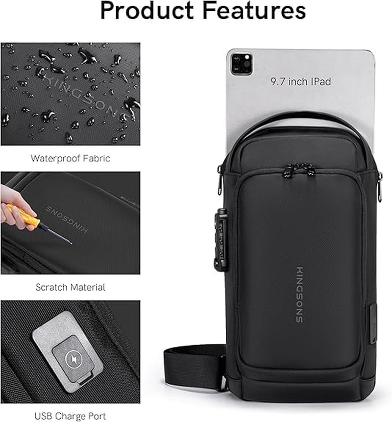 KINGSONS Sling Crossbody Bag Anti-Theft Chest Shoulder Backpack for Men Waterproof Minimalist Casual Daypack for Travel Gym