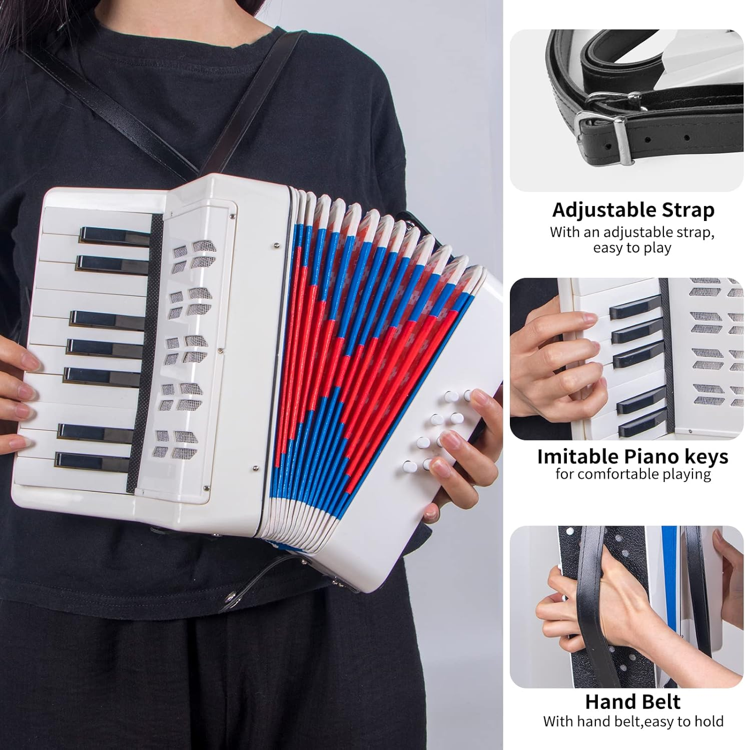 Accordion, 17 Keys Piano Accordion for Kids 8 Bass with Straps for Beginners Student Educational Musical Instrument (White)