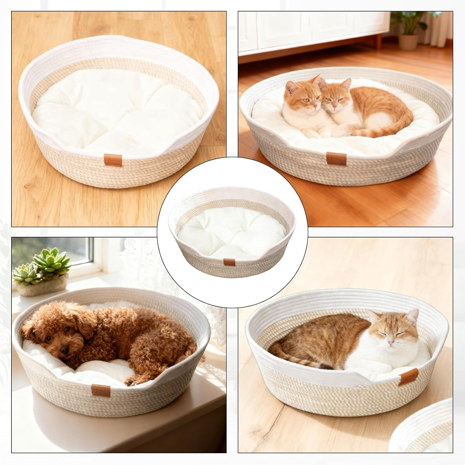 Yushengtai round Cat Bed, 50 Cm, Hand-Woven Basket Made of Cotton Ropes with Soft Cushion, Breathable and Washable for All Seasons, Ideal for Cats and Small Dogs, Beige image number 3