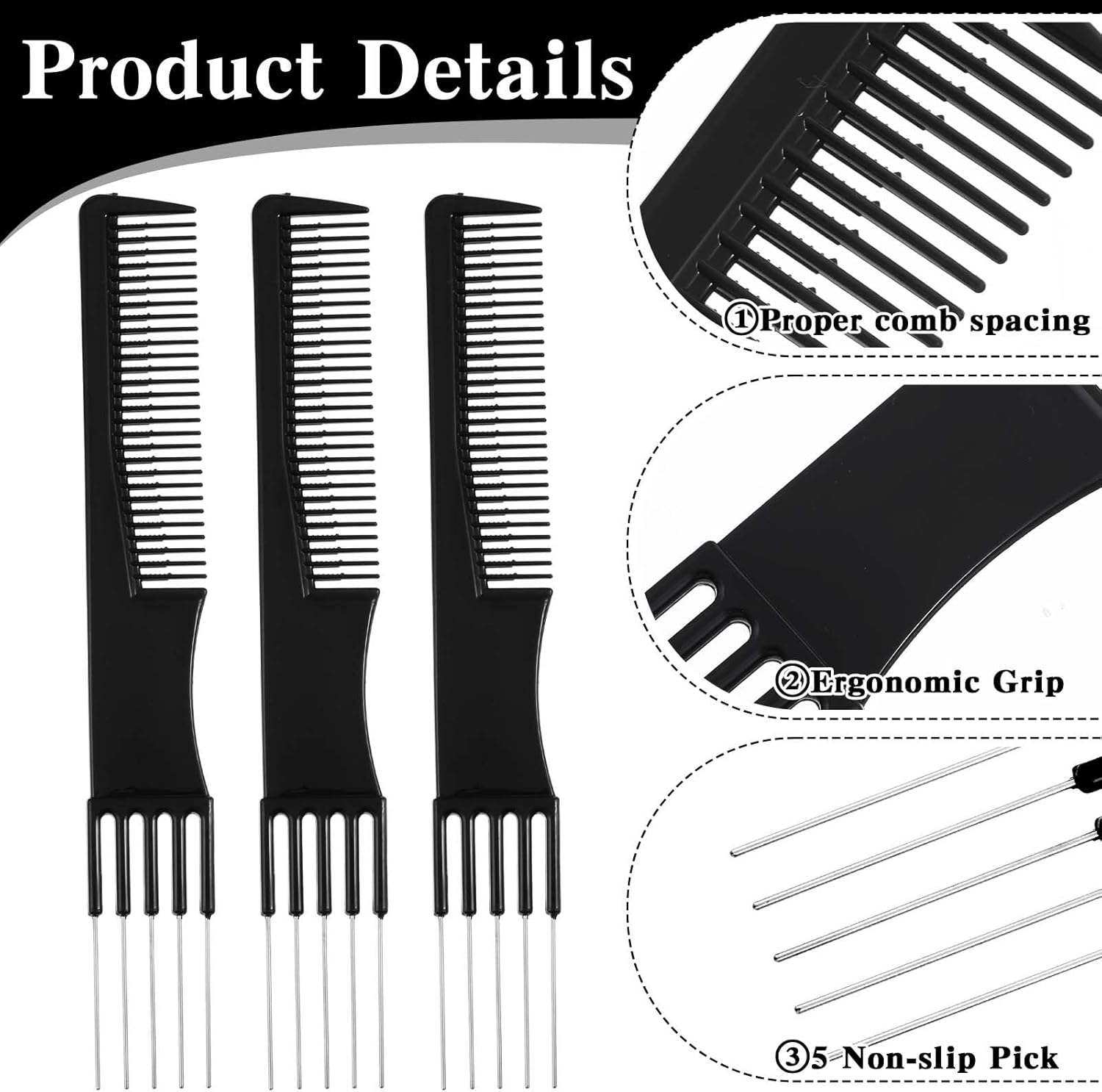 Thinp 3 Packs Comb with Metal Pick,Teasing Comb Pick Comb Lifting Fluffing Comb with 5 Stainless Steel Pins Hair Picks for Women Teasing Comb for Fine Hair Women Most Hair Types(Black) image number 1