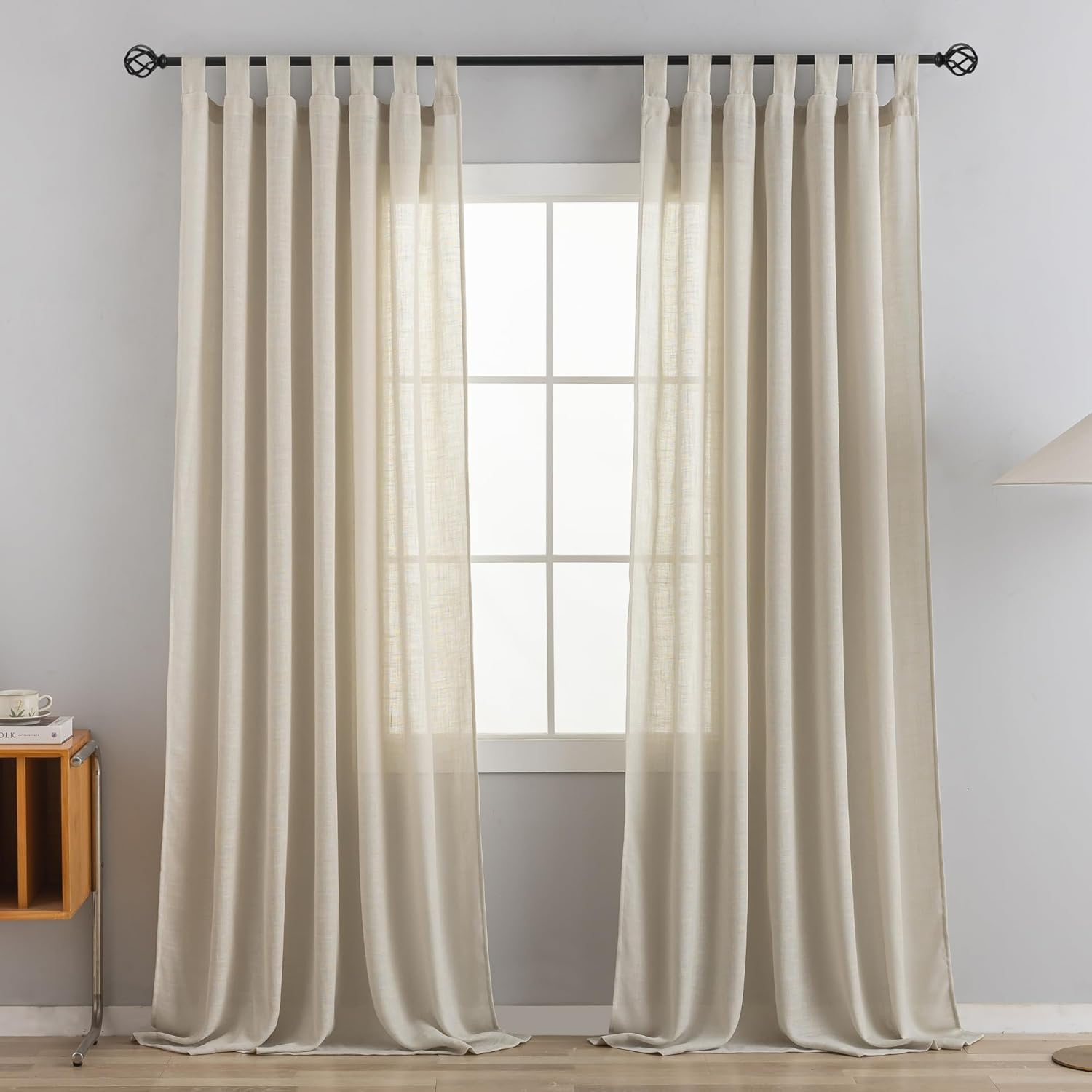 VOILYBIRD Natural Linen Semi Sheer Curtains Tab Top Light Filtering Elegant Curtains & Drapes for Bedroom 52 X 63 Inch Length, Set of 2 Panels