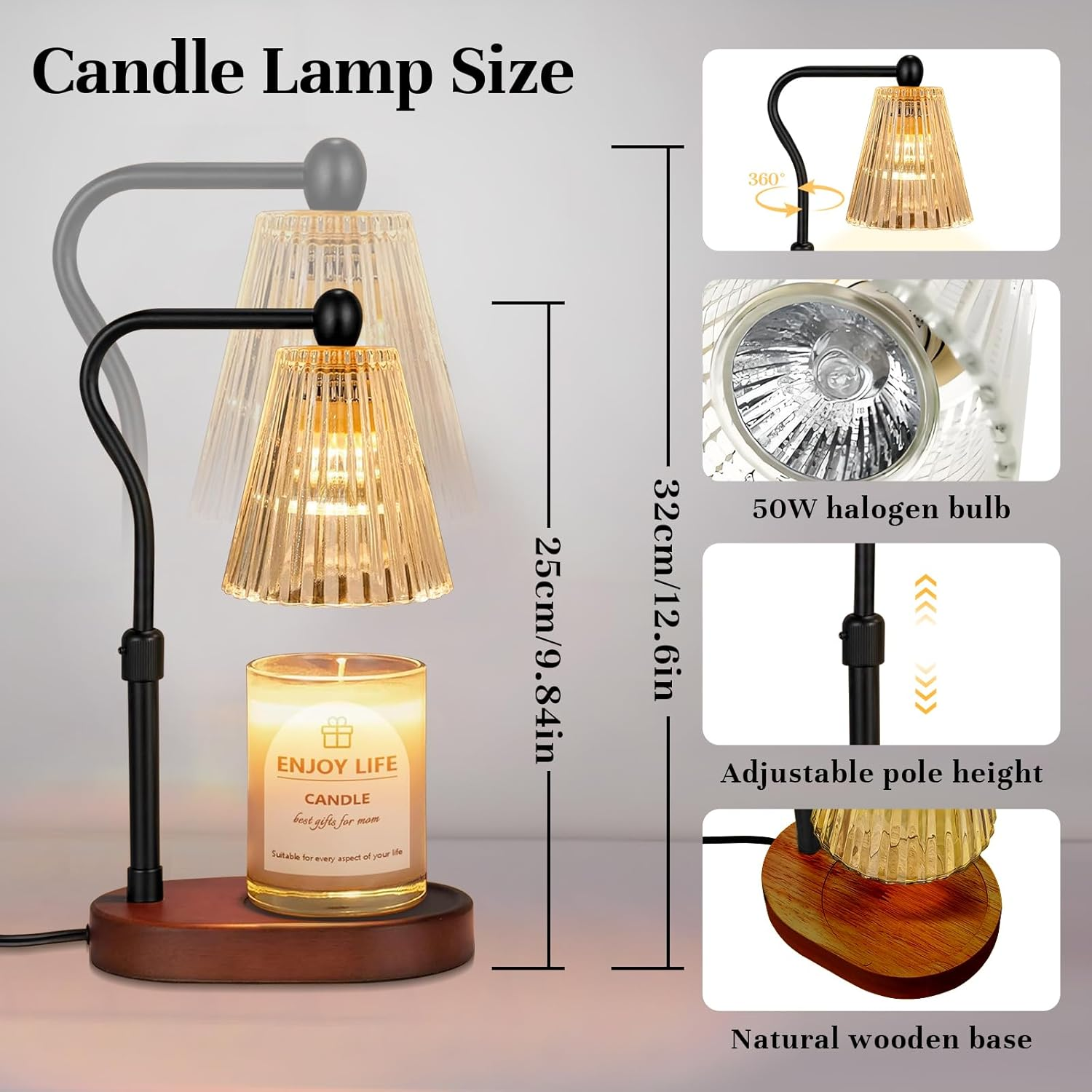 Candle Warmer Lamp with Timer, Adjustable Height Wax Warmer, Candle Lamp Warmer for Scented Wax for Home Decor Birthday Gifts with 2 Bulbs Elliptical Base image number 6