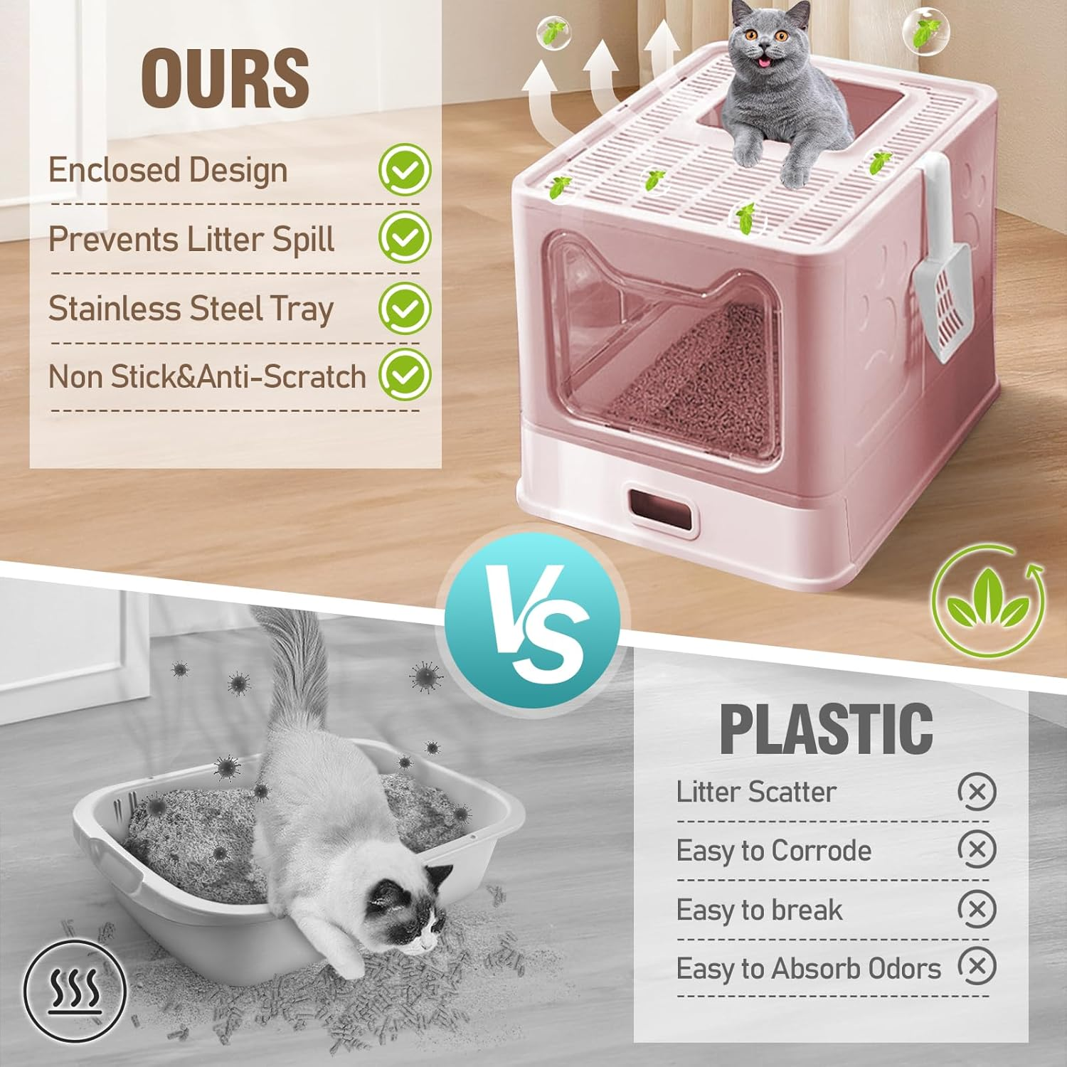 Amibud Covered Stainless Steel Cat Litter Box with Lid, Foldable Metal Enclosed XL Top Entry Kitty Litter Pan Tray with Scoop,Easy to Clean(Pink) image number 3