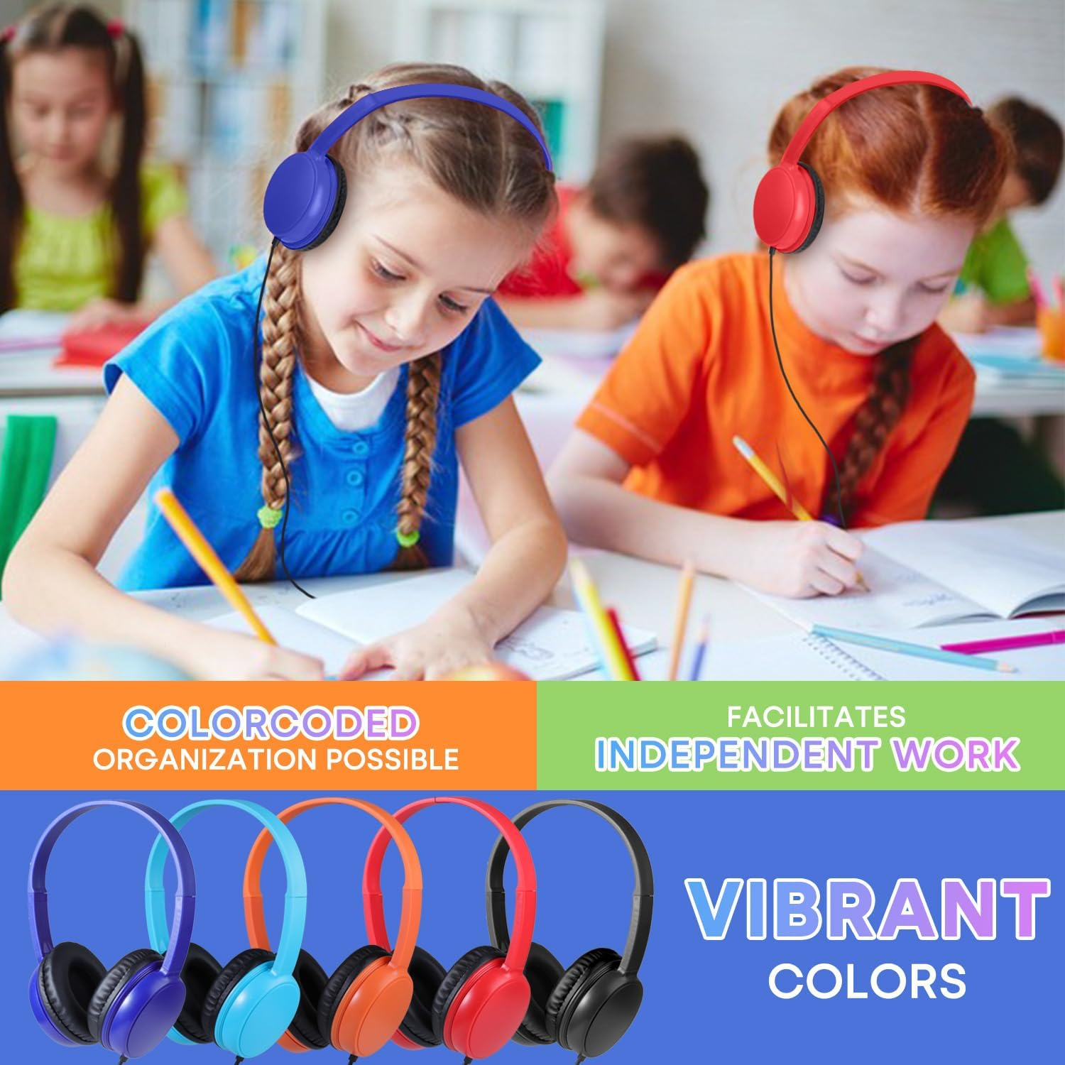 Waneni Classroom Headphones Bulk 10 Pack Mutli Colors for Kids Schools, Class Sets Headsets for Students (Durable,Leather Earcup, Noise Reducing, Comfortable, Easy-To-Clean) image number 3