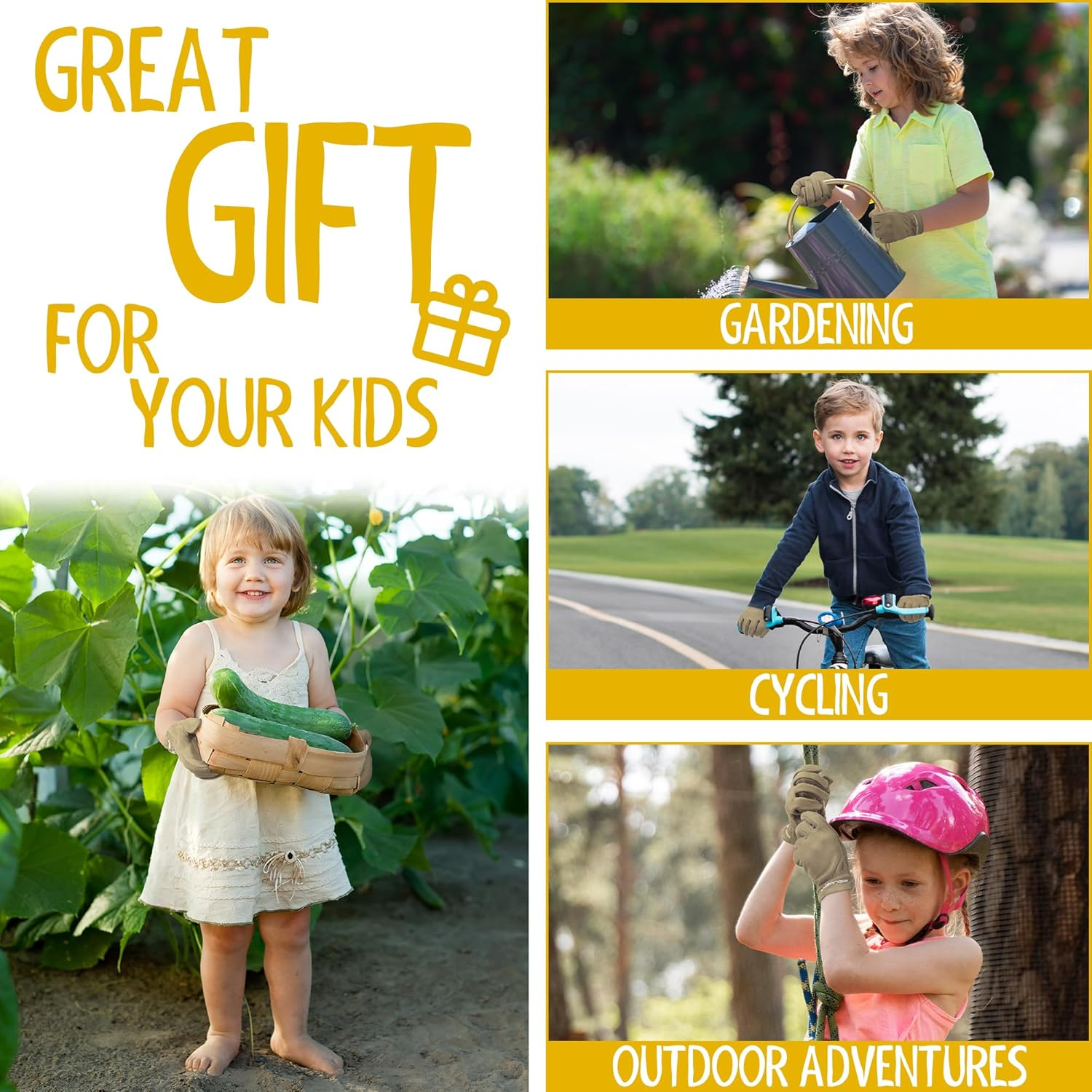 HANDLANDY Genuine Kids Leather Work Gloves for Ages 3-11, Children Gardening Gloves for Boys, Girls