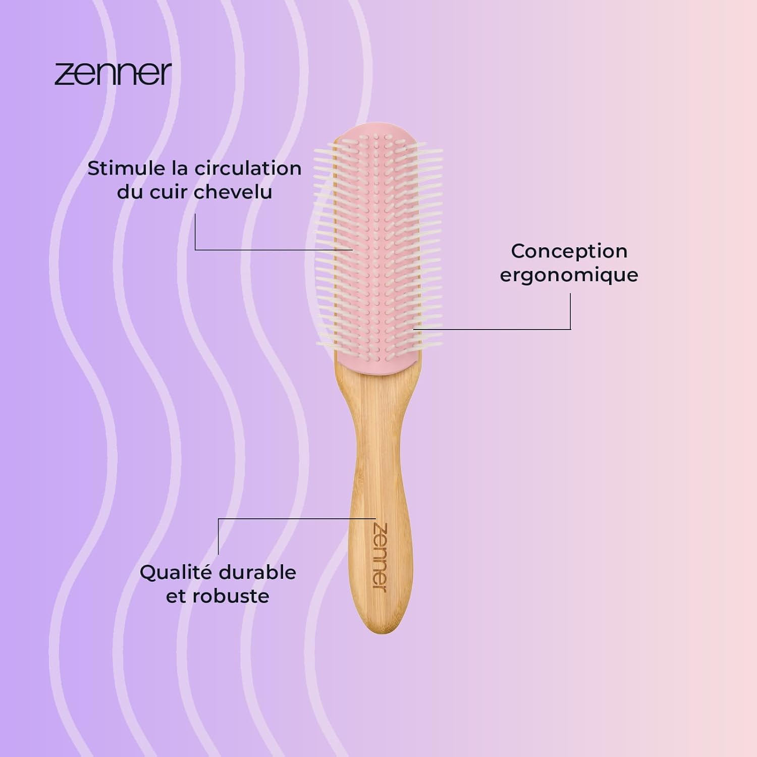 Zenner Bamboo Styling Brush - Adaptable Detangling Brush with Removable Nylon Rows - for Curly, Thick or Voluminous Hair - Lightweight Natural Bamboo Handle image number 1