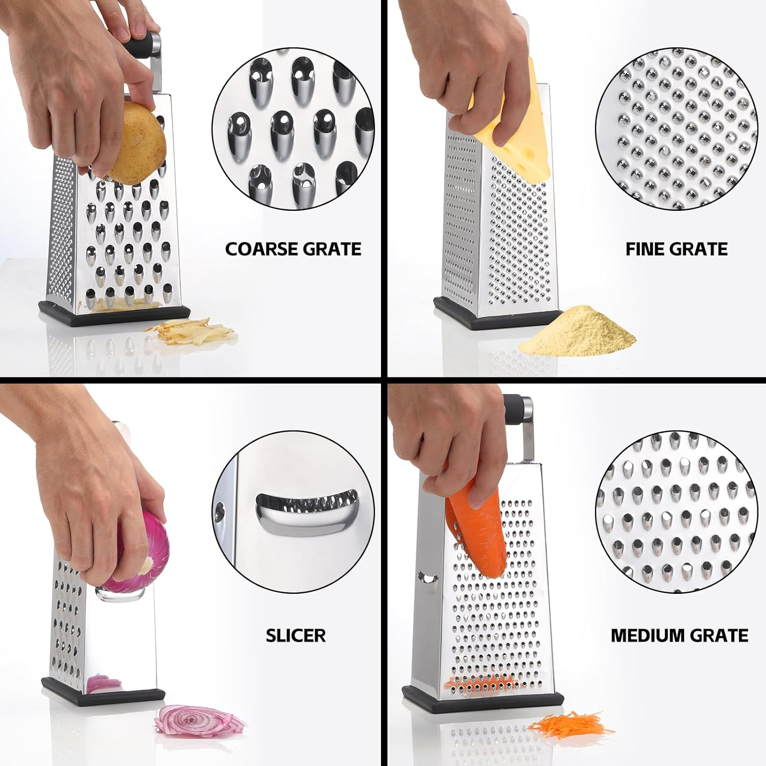 2 Pack, Cheese Box Grater & Handheld Cheese Grater Set, Stainless Steel Vegetable Slicer Food Shredder 4-Sided Convenience Gadgets with Lemon Zester Grater with Handle, Kitchen Gadgets and Tools image number 2