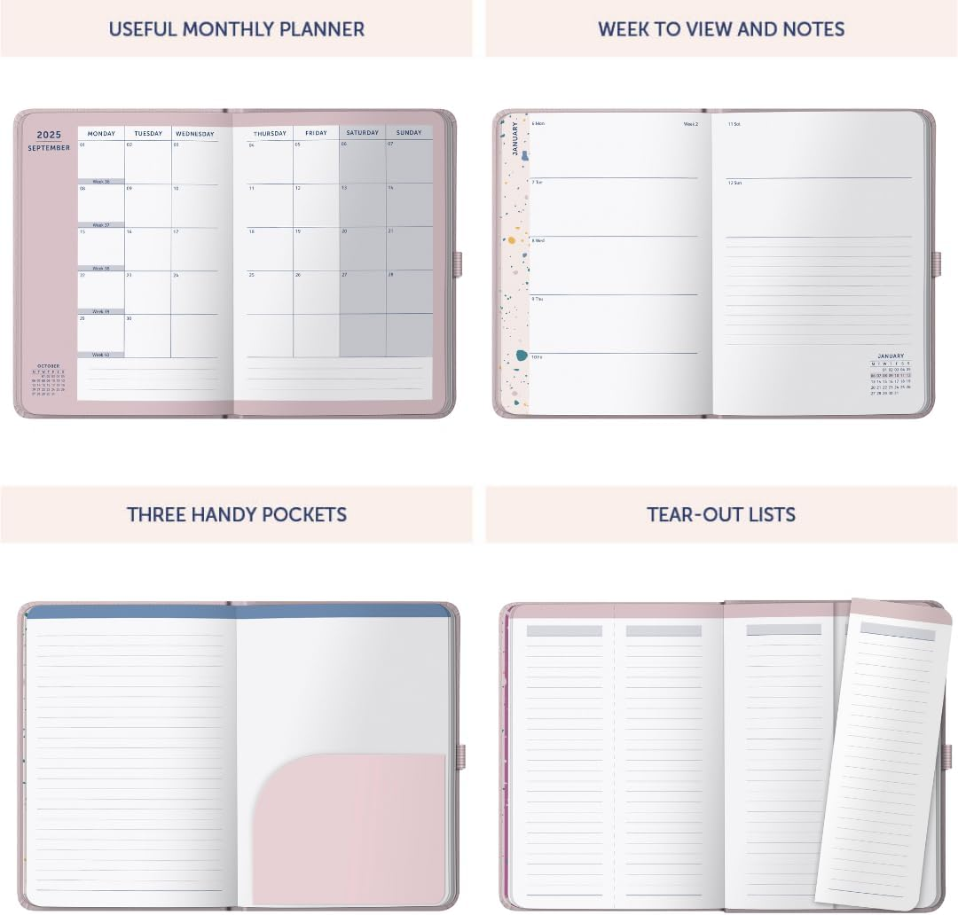 Busy B 2025 Weekly Diary Planner with Pink Faux Leather Cover - A5 Daily Life Organiser, Jan-Dec - Pockets, Stickers & Notes Pages - Compact Design for Work, Home & School Planning