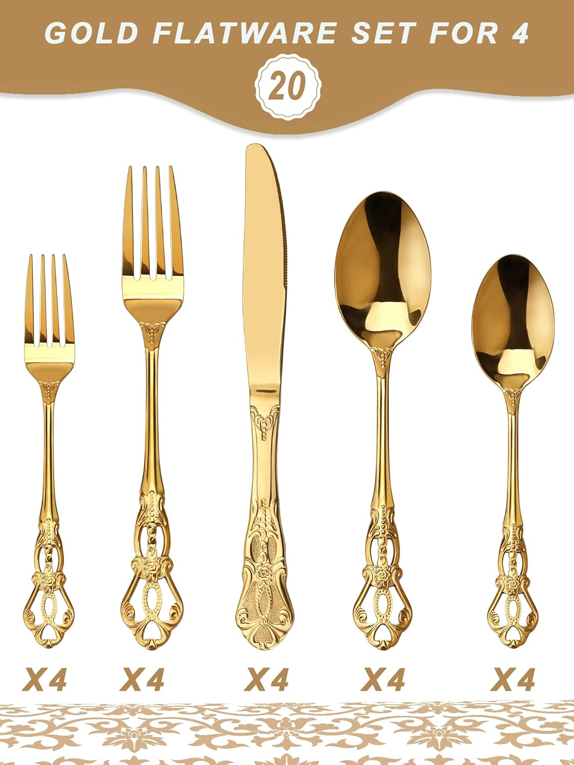 SHEUMNT Retro Gold Silverware Set for 4, Gorgeous 20 Pieces Stainless Steel Golden Flatware Set, Service for 4, Anti-Rust Dark Utensils Fork Spoon Knife, Antique Baroque Cutlery Set - Silver image number 6
