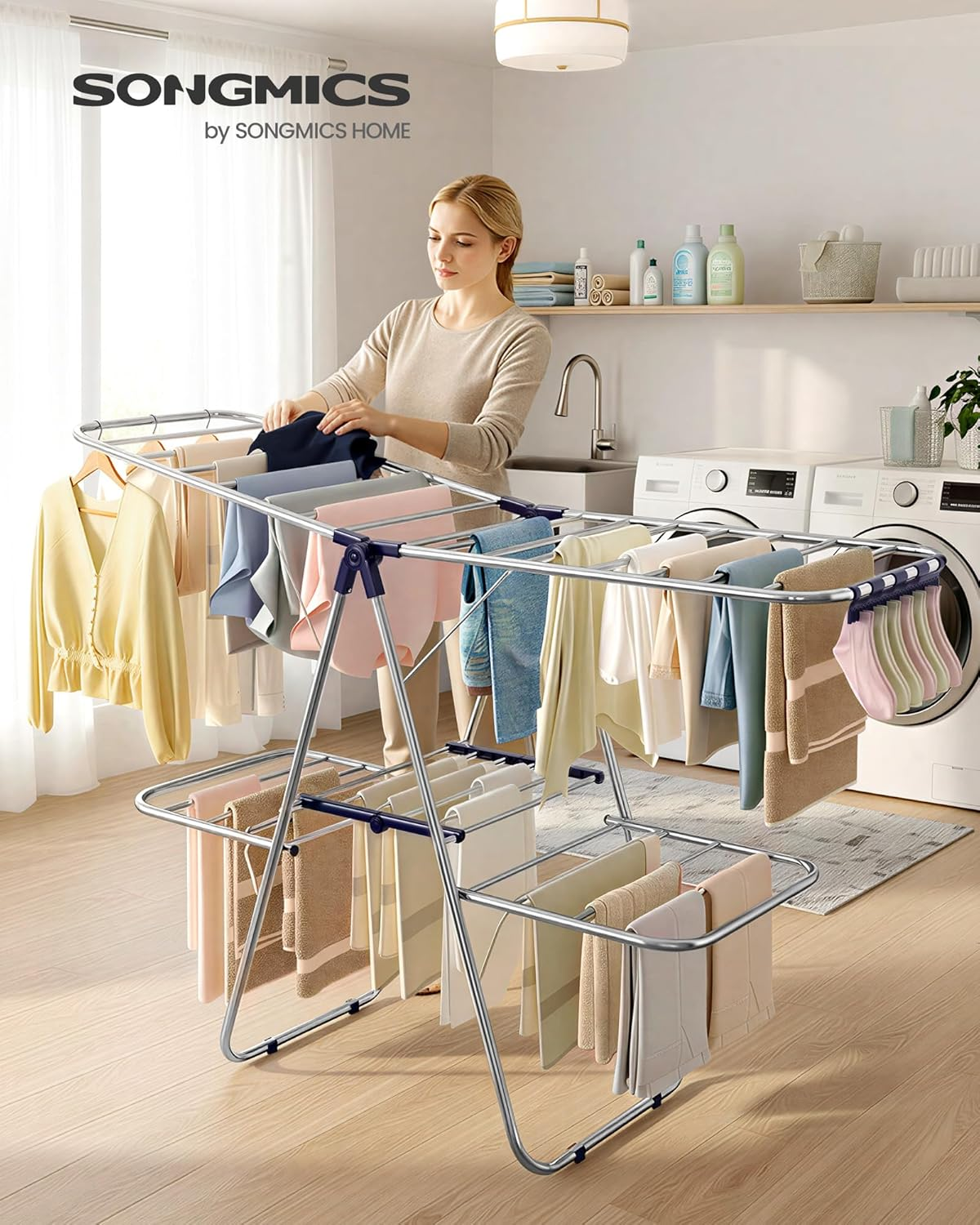 SONGMICS Clothes Drying Rack, Foldable 2-Level Laundry Drying Rack, Free-Standing Laundry Airer, with Height-Adjustable Wings, 33 Drying Rails, Sock Clips, Silver and Blue ULLR53BUV1 image number 2