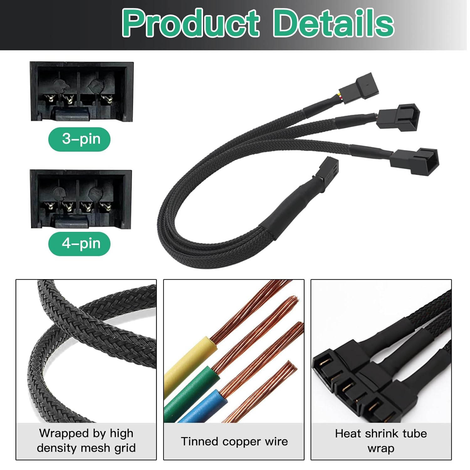 2 Pack 3-Way 4-Pin PWM Fan Splitter Cable - Connect Multiple Case Fans to Single Motherboard Header, Synchronize Speeds, Increase Airflow, 4-Pin/3-Pin Cooling Cable 27CM