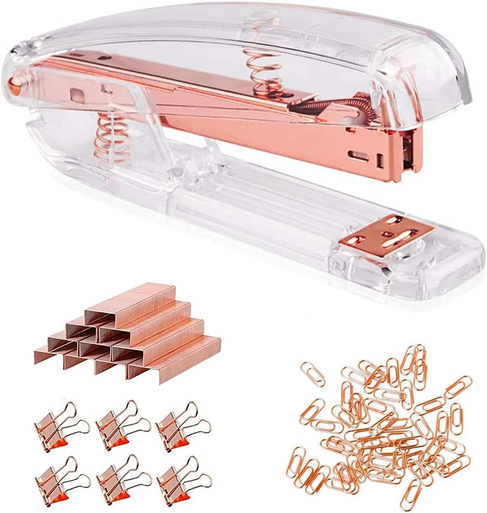 Acrylic Desktop Stapler with 1000 26/6 Staples, 6 Binder Clips & 50 Paper Clips, Desk Accessory Kit for Home Office School (Rose Gold)